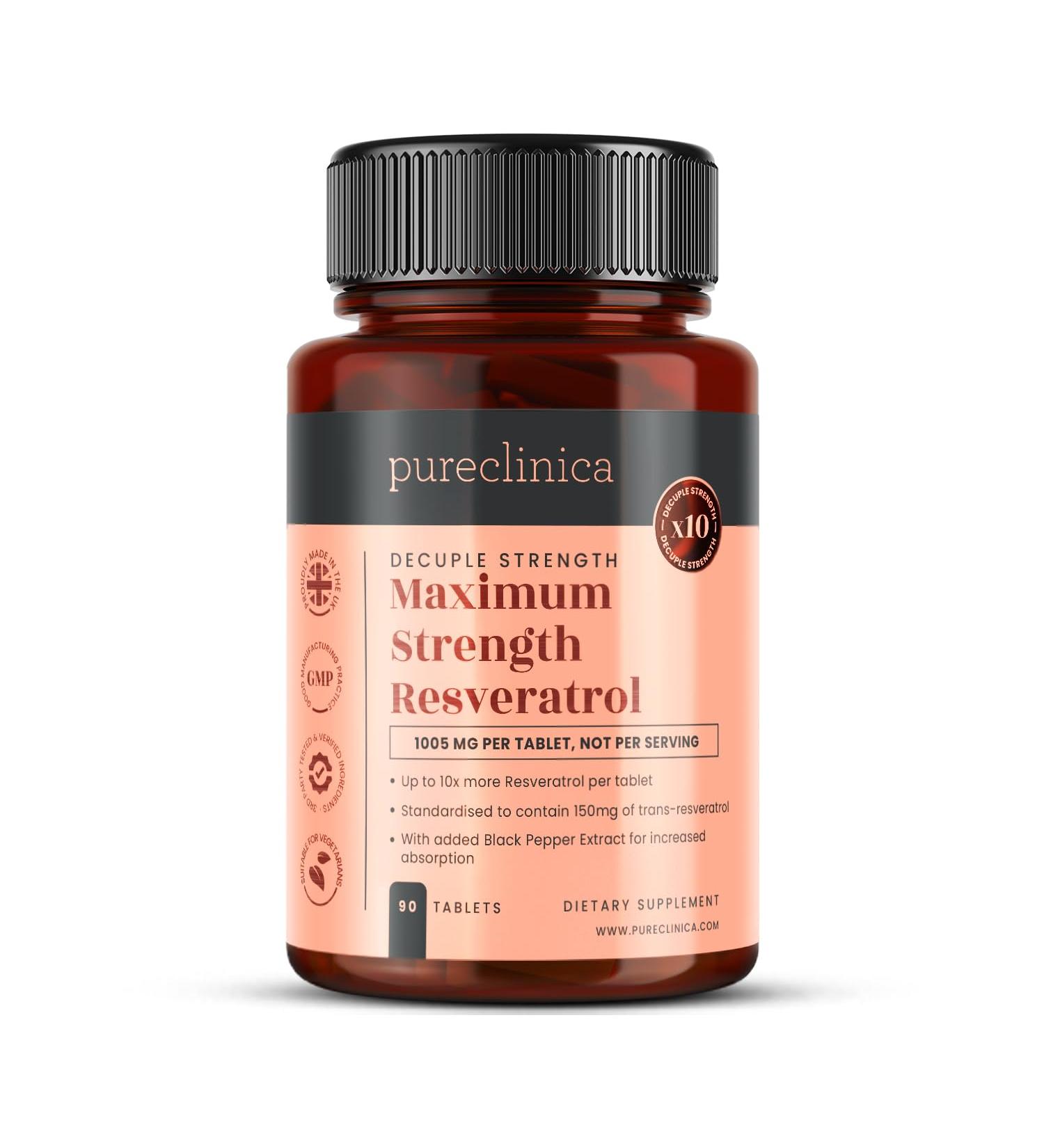 pureclinica 1000mg Resveratrol x 90 Tablets (3 Months Supply). 10 x Strength with Black Pepper Extract for Faster Absorption 90 Count (Pack of 1) - Buy Online on GoSupps.com