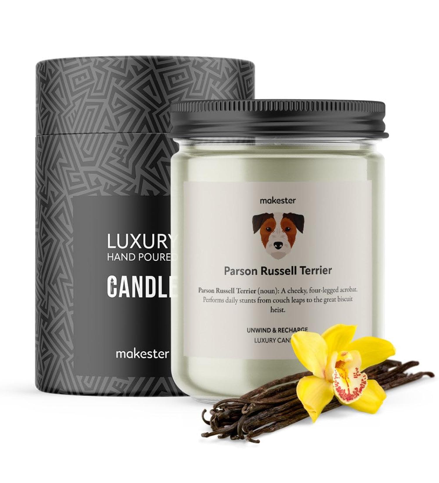 Parson Russell Terrier Candle - Handcrafted 220g Soy Wax with Vanilla Jasmine & Almond - Unique Dog Gift by Makester - Buy Online on GoSupps.com