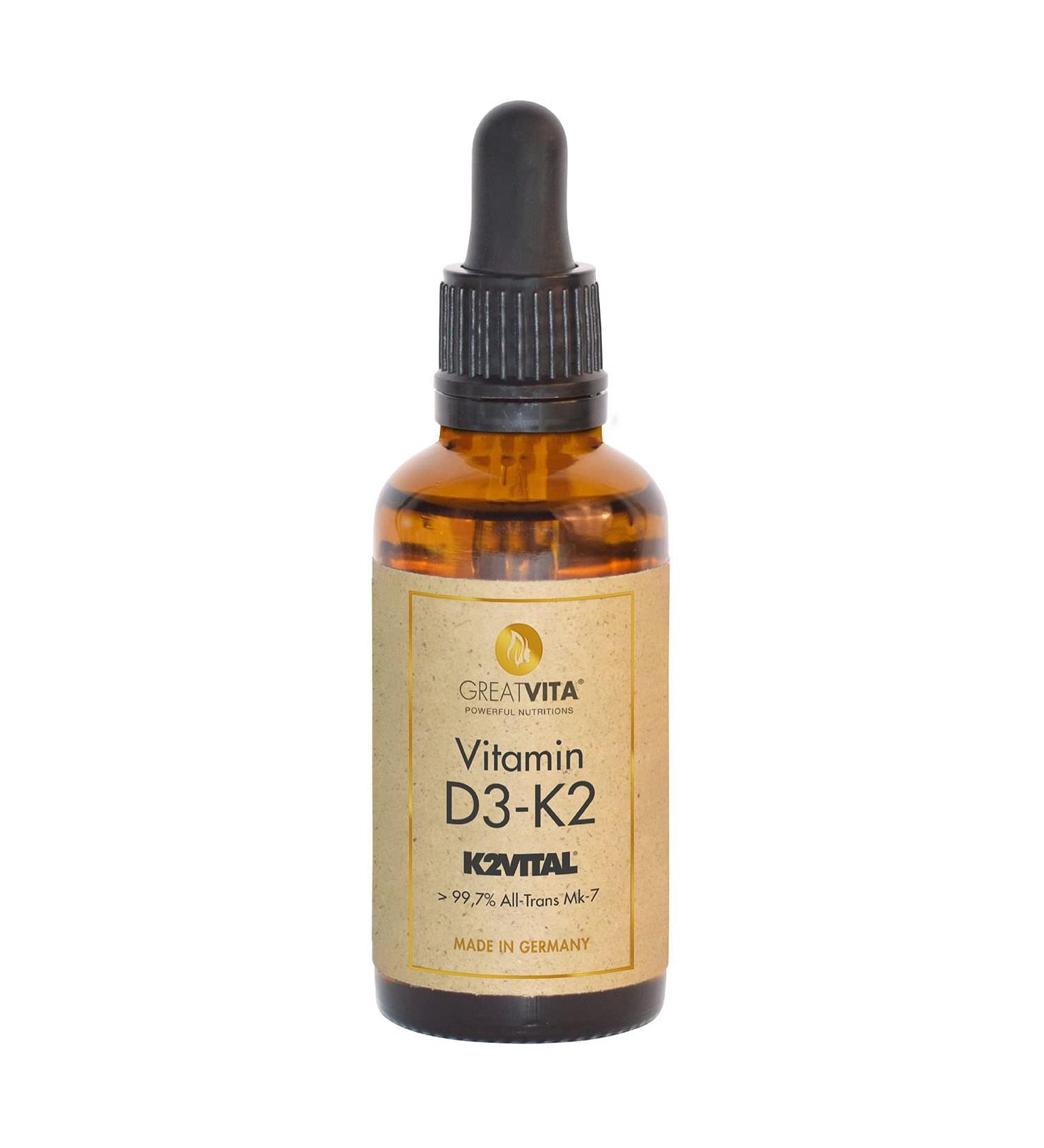 Buy GreatVita Vitamin D3-K2 30ml | High Dose 1000 IU D3 + 20 g K2 MK-7 | 1020 Drops in MCT Oil | Free Worldwide Shipping - Buy Online on GoSupps.com