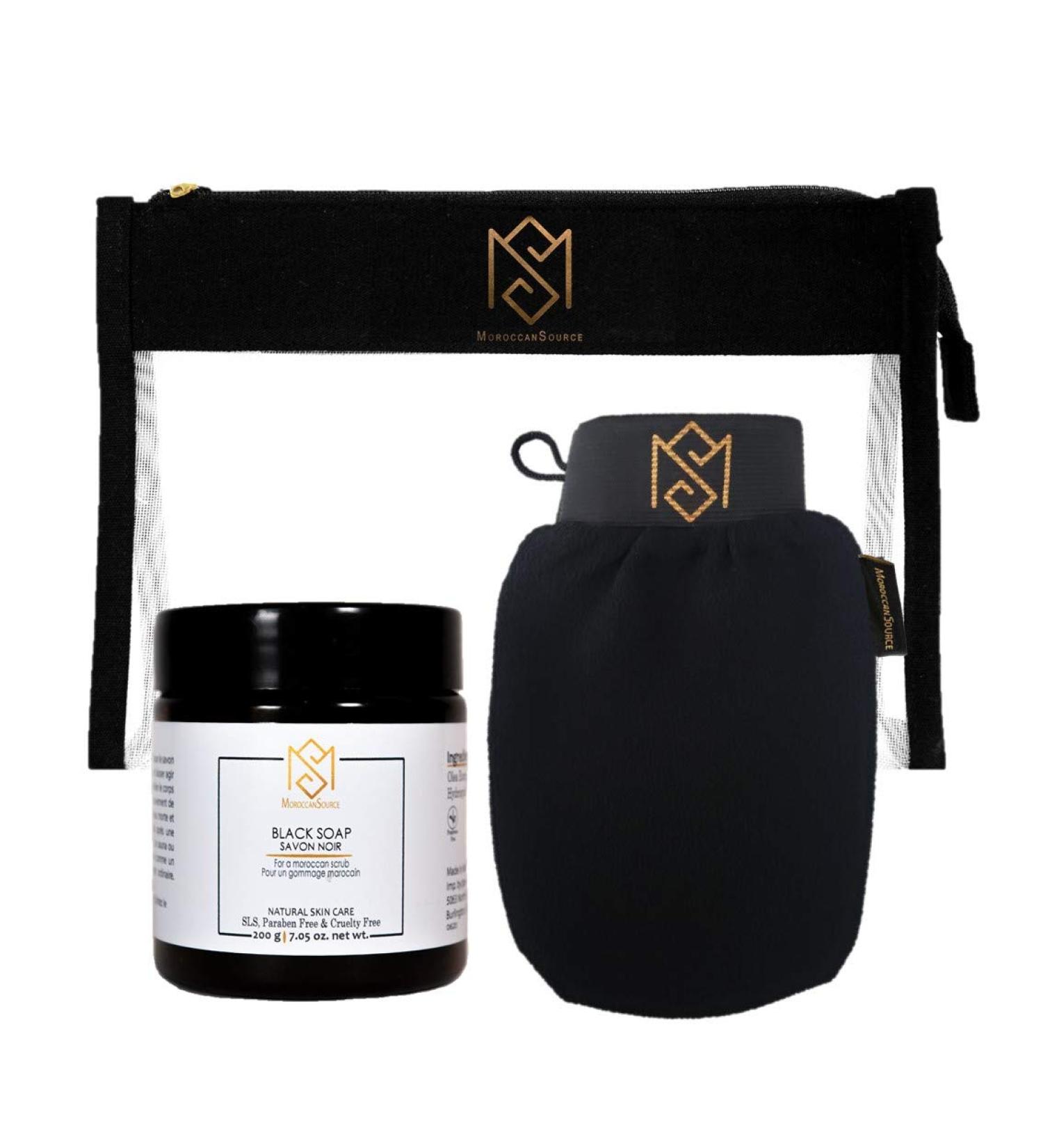 Moroccan Black Soap and Exfoliating Glove Kit for Body Scrub | Dead Skin Remover & Deep Pore Cleanser | Olive Based Soap & Kessa Mitt | Includes Toiletry Bag | Moroccan Sou - Buy Online on GoSupps.com