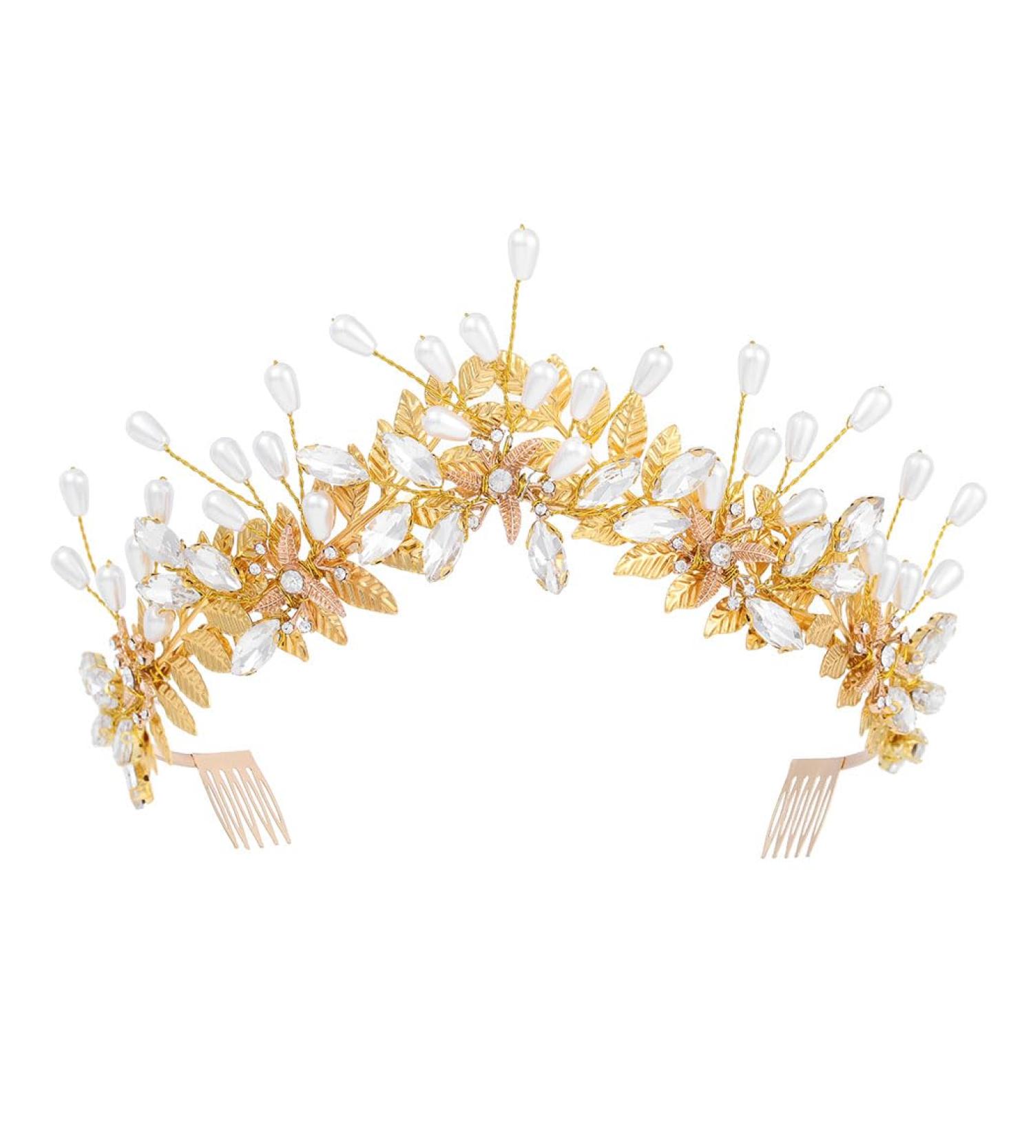 IYOU Bridal Wedding Headband Crown Gold Leaf Hair Bands Tiara Pearl Crystal Bridesmaid Bride Hair Accessories for Women - Buy Online on GoSupps.com