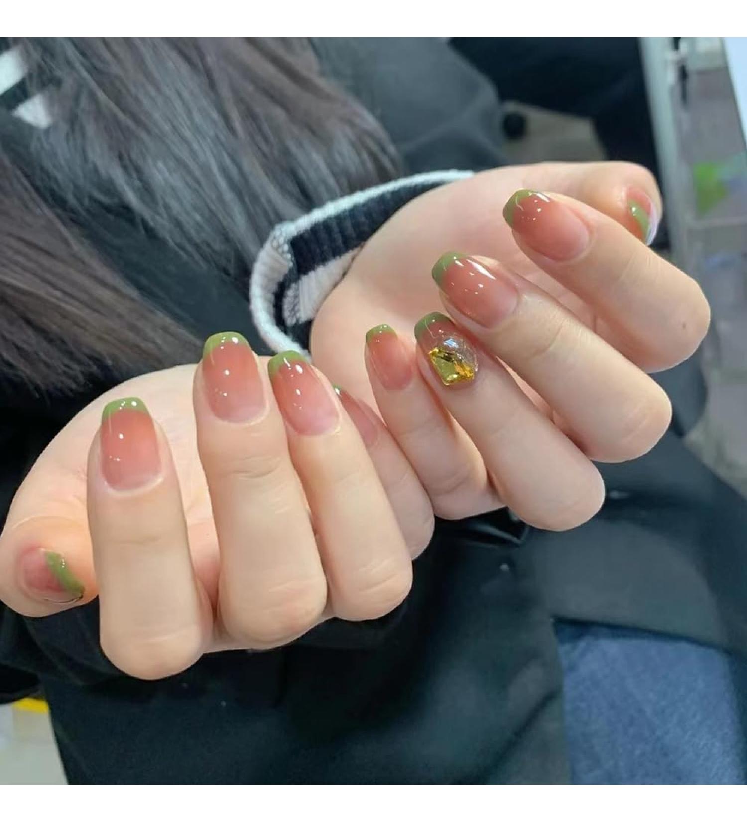 French Tip Press on Nails - Short Round Press On Nails with Nail Tips Green French Freshing Sparkling Diamond Design Glossy Gradient color press on nails Acrylic False Nails Cute Artificial Nails - Buy Online on GoSupps.com