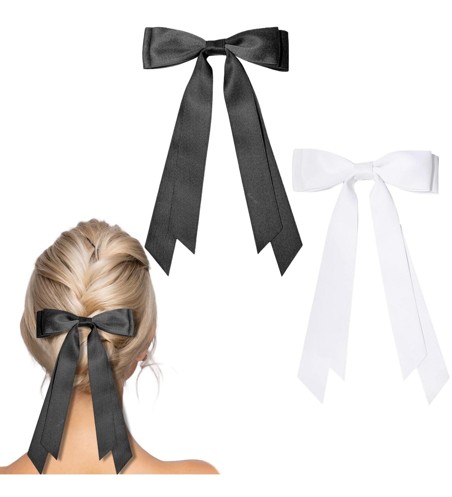 Xumann Hair Bows Clip Black White Hair Bow with Long Silky Satin French Hair Bows for Women - Buy Online on GoSupps.com