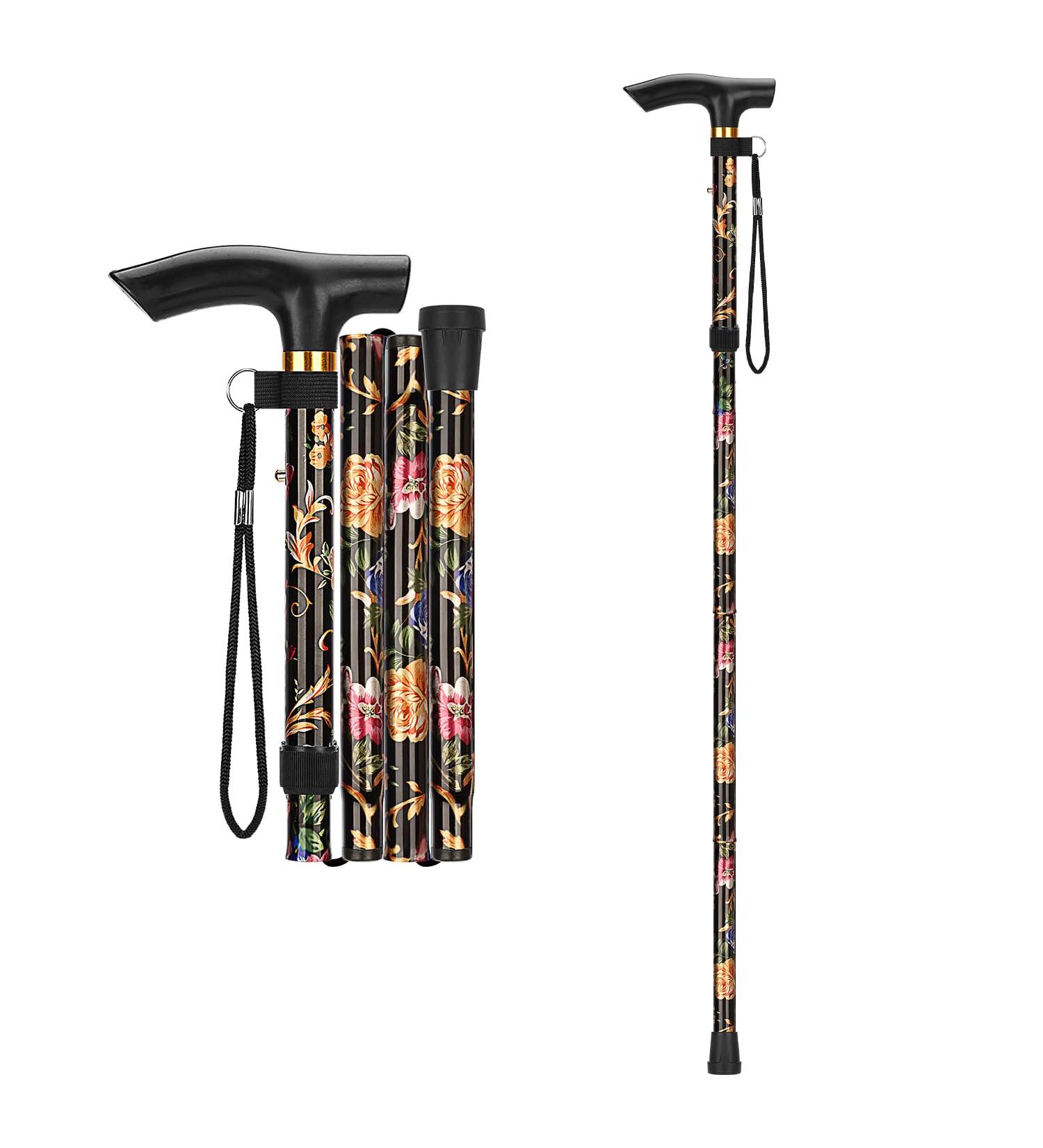 Supregear Folding Walking Stick - Adjustable & Lightweight Travel Cane for Elderly - Black Floral Design - Buy Online on GoSupps.com