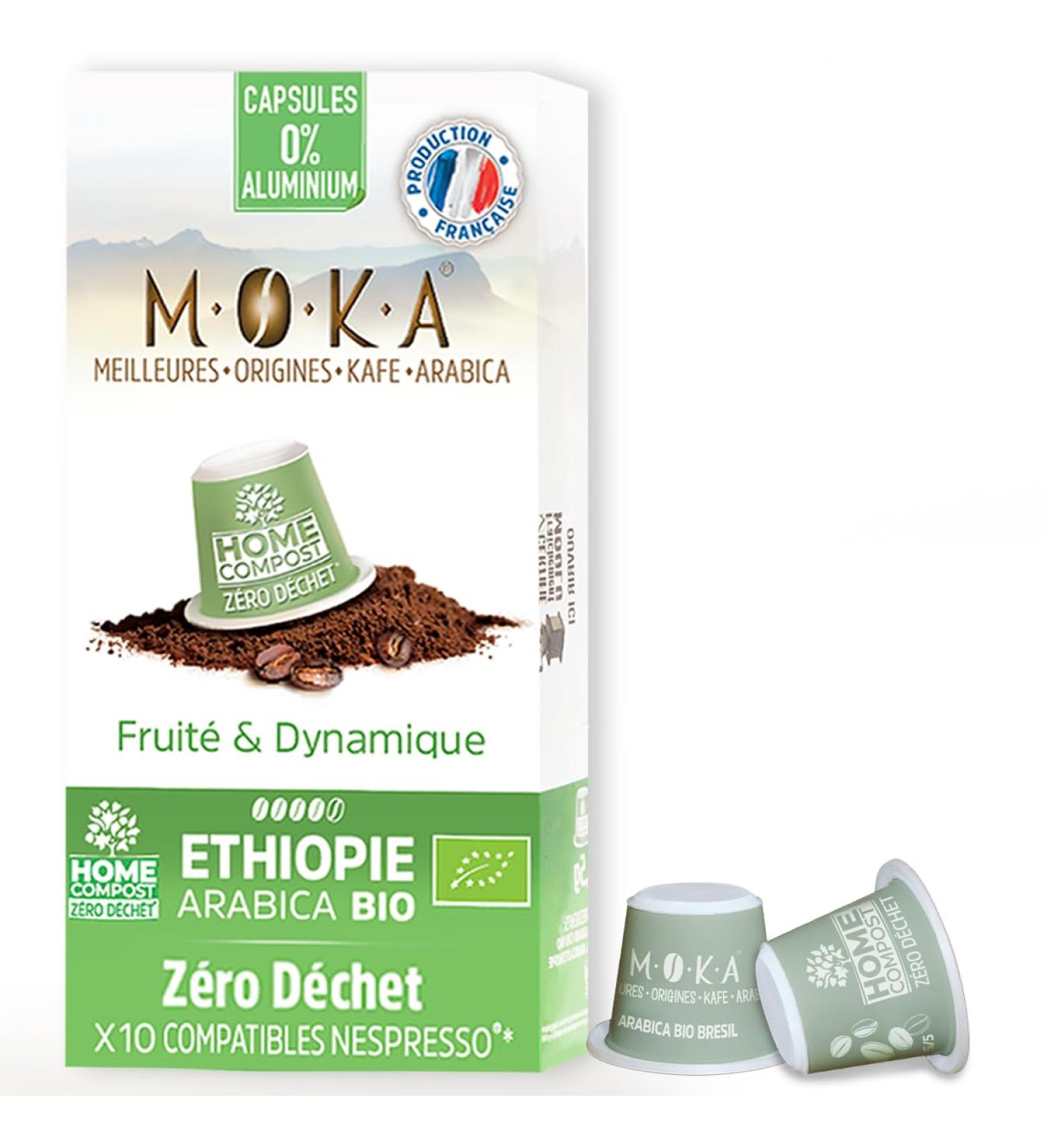 MOKA 10 Capsules 100% Pure Organic Ethiopian Arabica - Compatible with Nespresso Capsule Machines - Intensity 8 - Biodegradable and Home Compost - Espresso and Lungo - Roasted in France - Buy Online on GoSupps.com