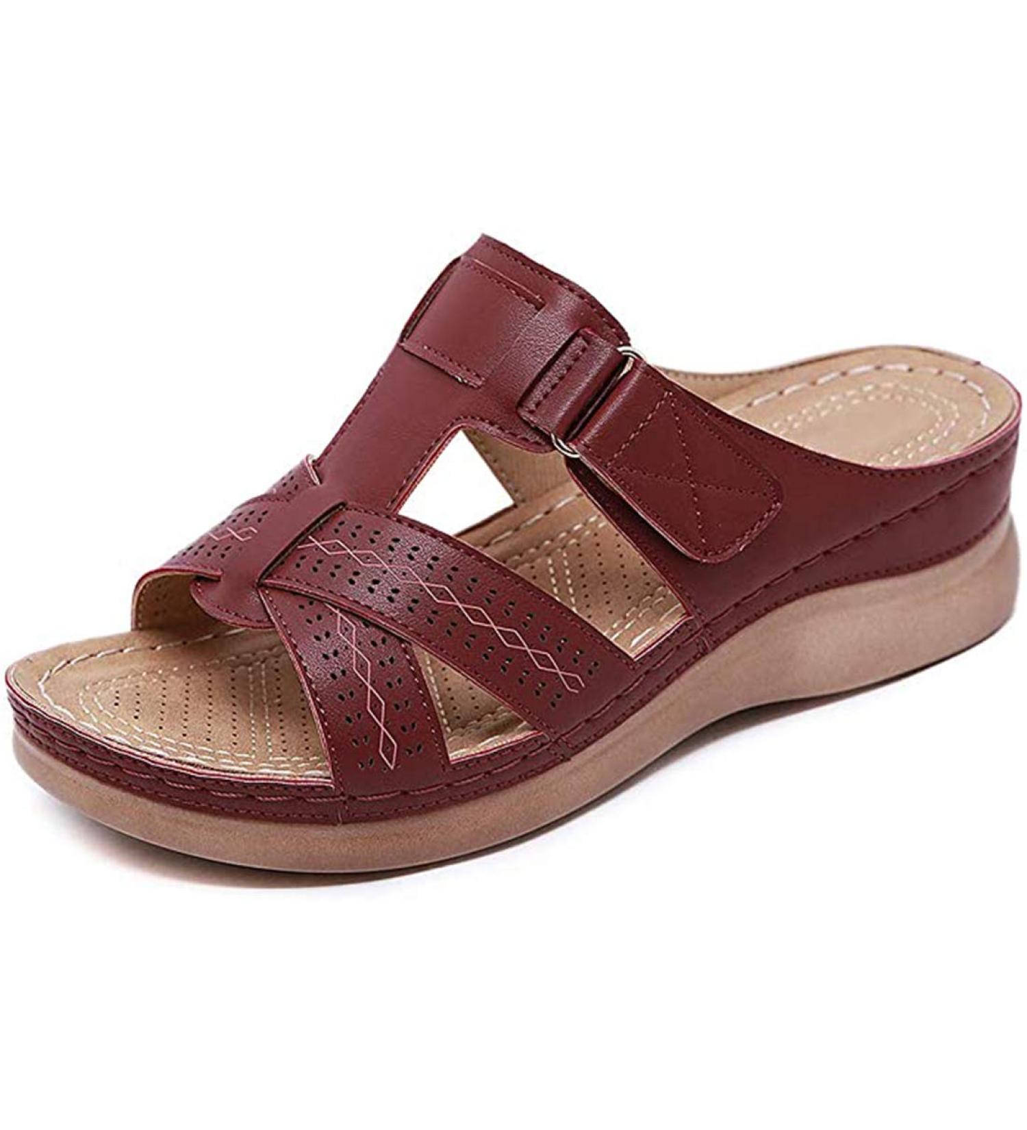 Women's Peep-Toe Sandals - Synthetic Leather Medium-High Wedge Heel Slip-On Light & Comfortable Summer Footwear (Burgundy Red 35 EU) - Buy Online on GoSupps.com
