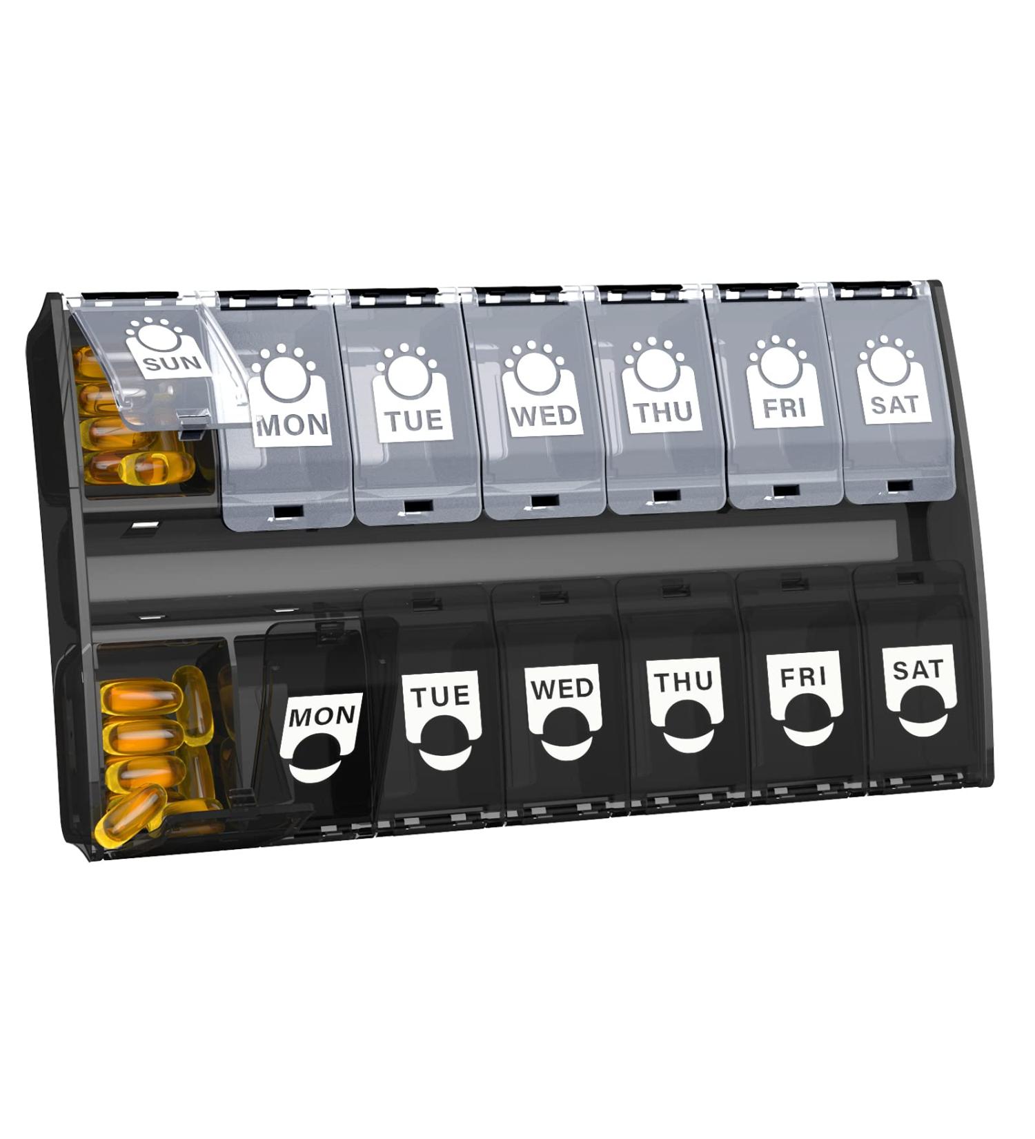 XL Large 2-Times-a-Day Pill Organizer | Weeklly AM PM Box | 7-Day Vitamin Case | Jumbo Medication Container | Black-White - Buy Online on GoSupps.com