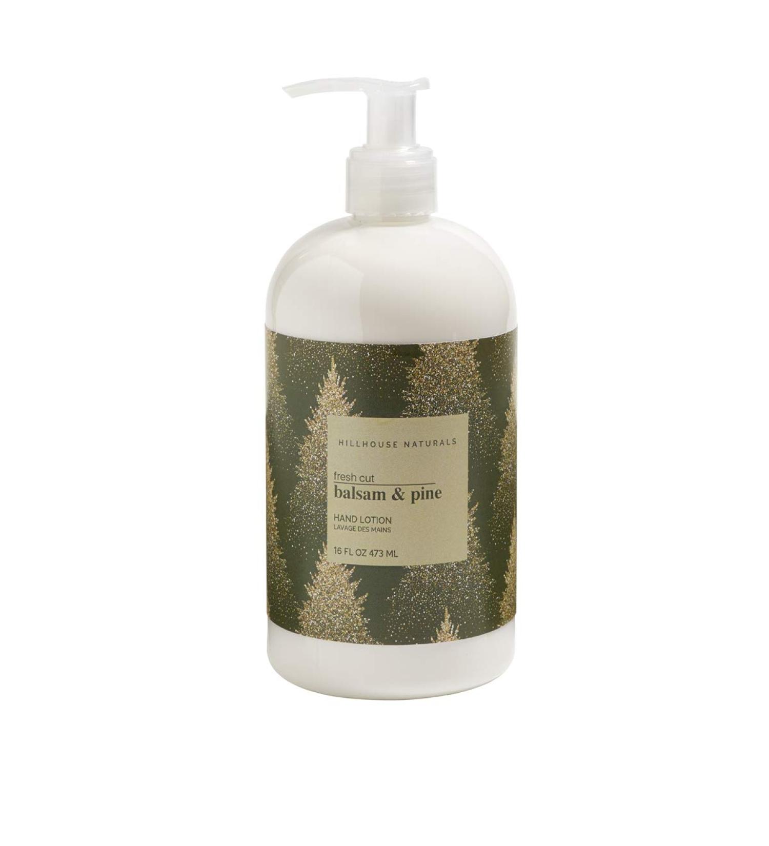 Hillhouse Naturals Fresh Cut Balsam & Pine 16oz Hand Lotion. With a hint of cinnamon that pairs magically to capture the essence of the holiday season. Made in the USA
