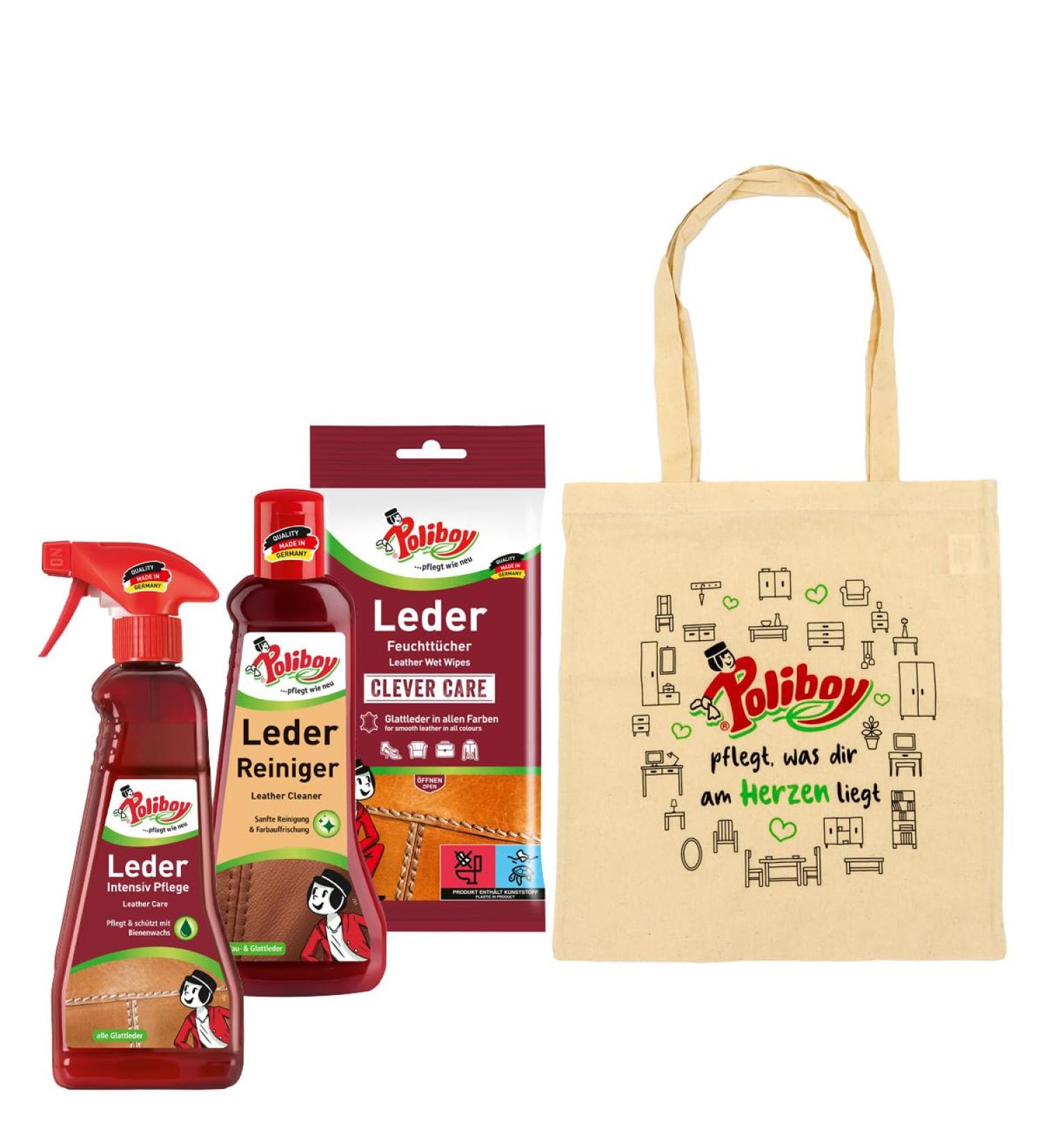 Poliboy - 4 -part leather intensive care set - 1x leather intensive care (375 ml) - 1x leather cleaner (200 ml) and 1x leather care wet wipes (20 pieces) - with bag