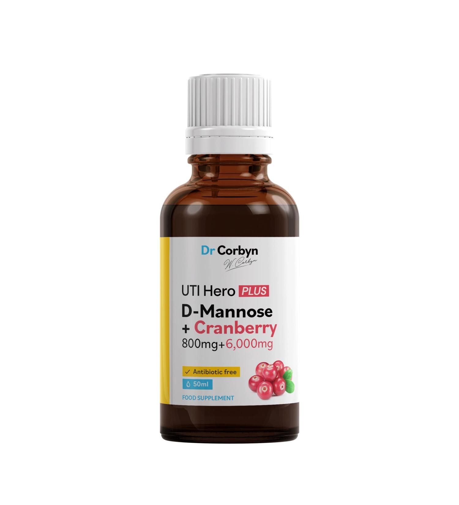 Dr Corbyn D-Mannose 800mg + Cranberry 6,000mg Liquid - UTI Hero Plus Supplement | 2-in-1 Formula for Urinary Tract & Bladder Health | Vegan & UK Made - 50ml - Buy Online on GoSupps.com
