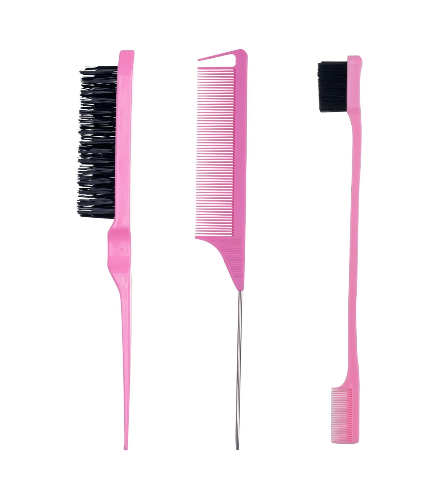3-Piece Hair Styling Comb Set | Teasing Brush, Rat Tail Comb, Edge Brush | Perfect for Styling, Combing, and Slicking Hair | Women's Hair Accessories (Pink) - Buy Online on GoSupps.com