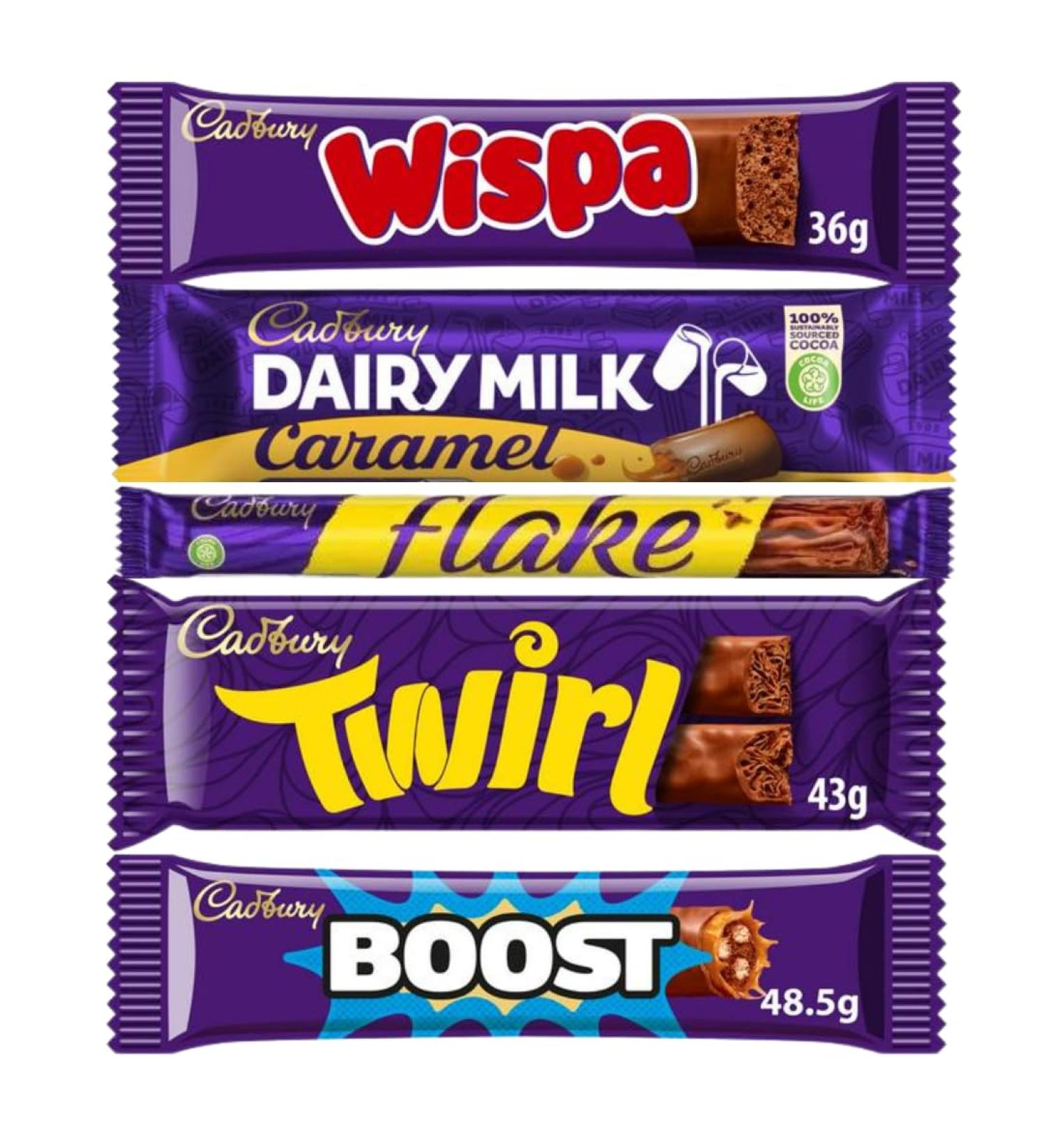Chocolate Bar Bundle With Wispa Chocolate Bar 36g Milk Caramel Chocolate Bar 45g Flake Chocolate Bar 32g Twirl Chocolate Bars 43g & Boost Chocolate Bar 48.5g (5 Pack) - Buy Online on GoSupps.com