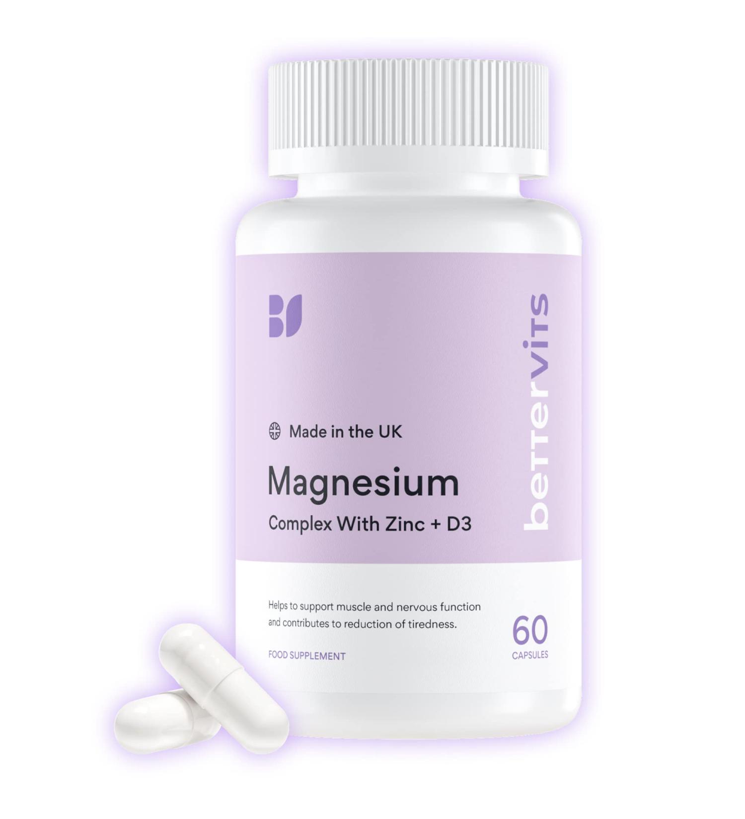 BetterVits Magnesium Complex - Glycinate Malate Citrate Formula with D3 & Zinc | Potent Dose for Anxiety, Mood, Fatigue - Buy Online on GoSupps.com
