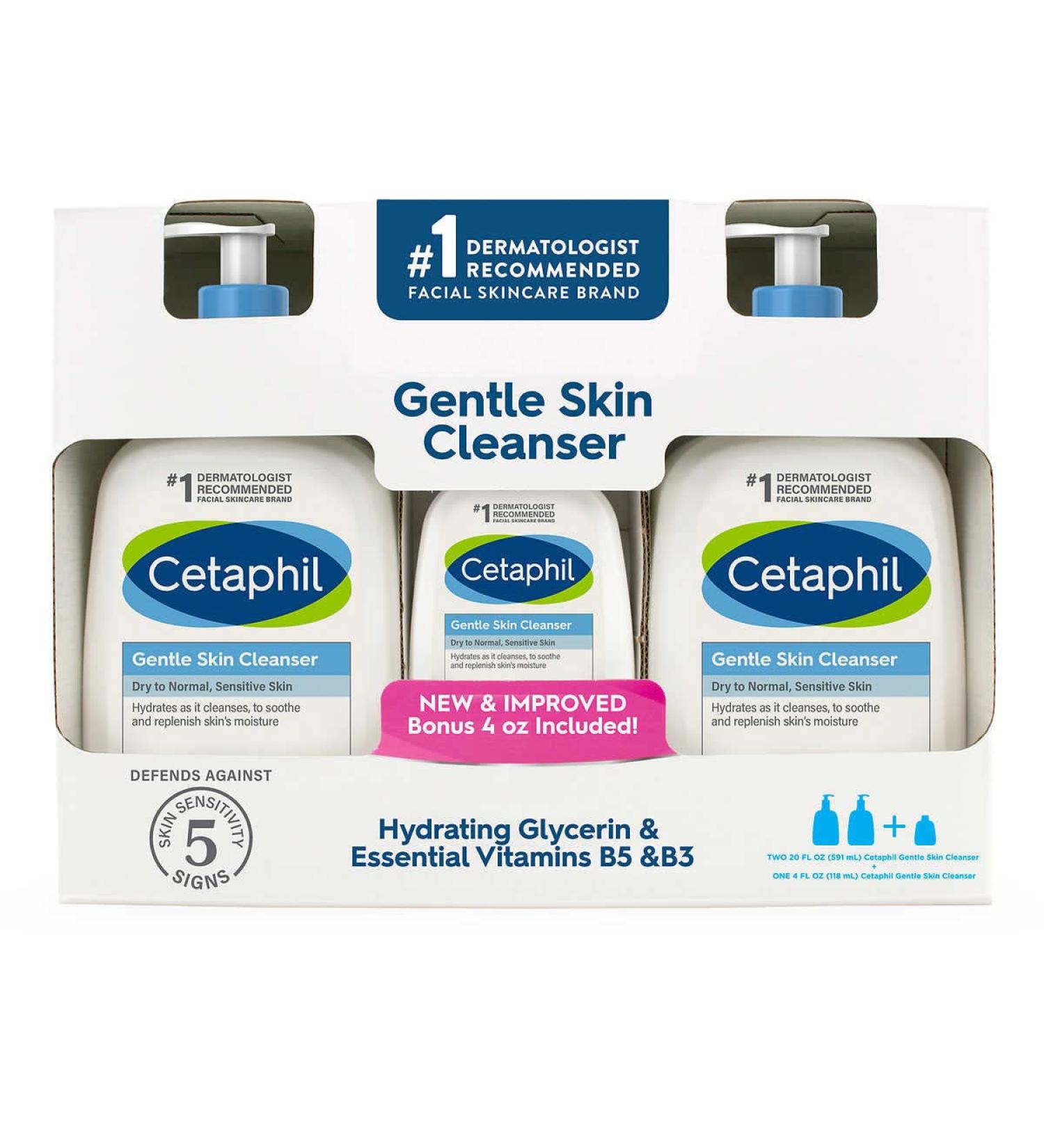 Cetaphil Gentle Skin Cleanser 20oz x 2 + 4oz Bonus Set - Unscented, 3 Piece Kit - Buy Online on GoSupps.com