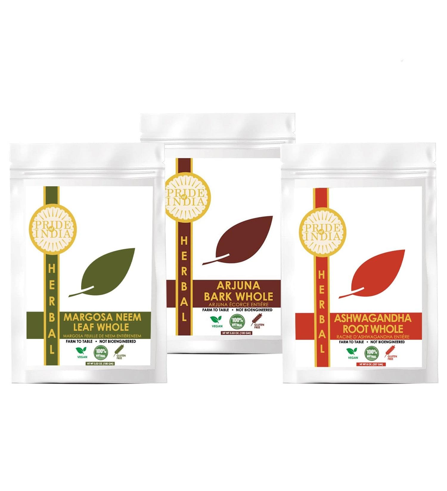 Pride Of India | Ayurvedic Healing Pack 15.06 oz (426.94 gm) | Includes Arjuna Bark Whole Ashwagandha Root Whole & Neem/Margosa Herb Whole | Perfect for Green Juices Smoothies | Fosters Wellness - Buy Online on GoSupps.com