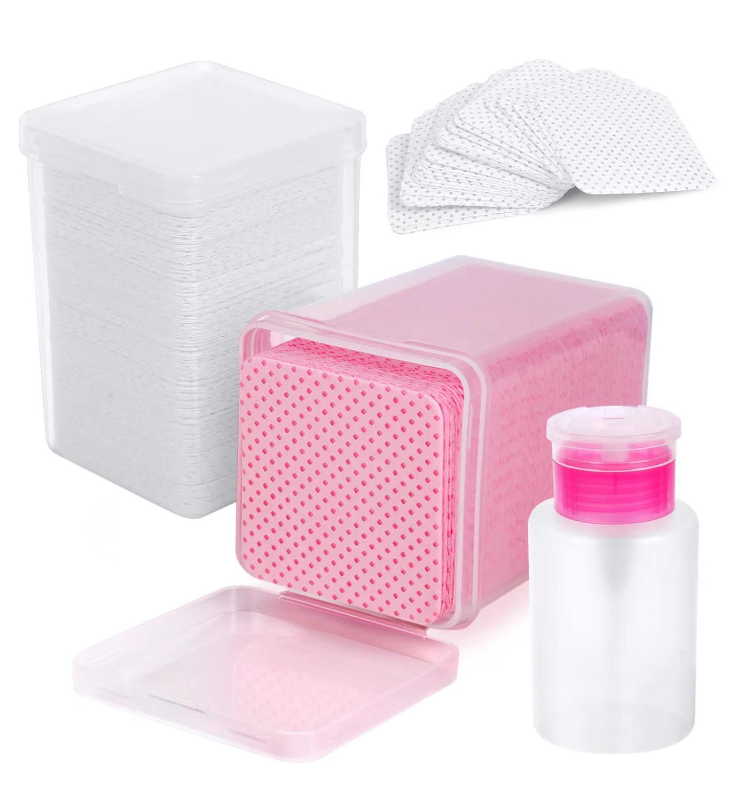 400 Nail Cotton Pads with Pump Dispenser Bottle - Super Absorbent Soft Non-Woven Wipes for Eyelash Extension & Nail Polish - Pink/White - Buy Online on GoSupps.com