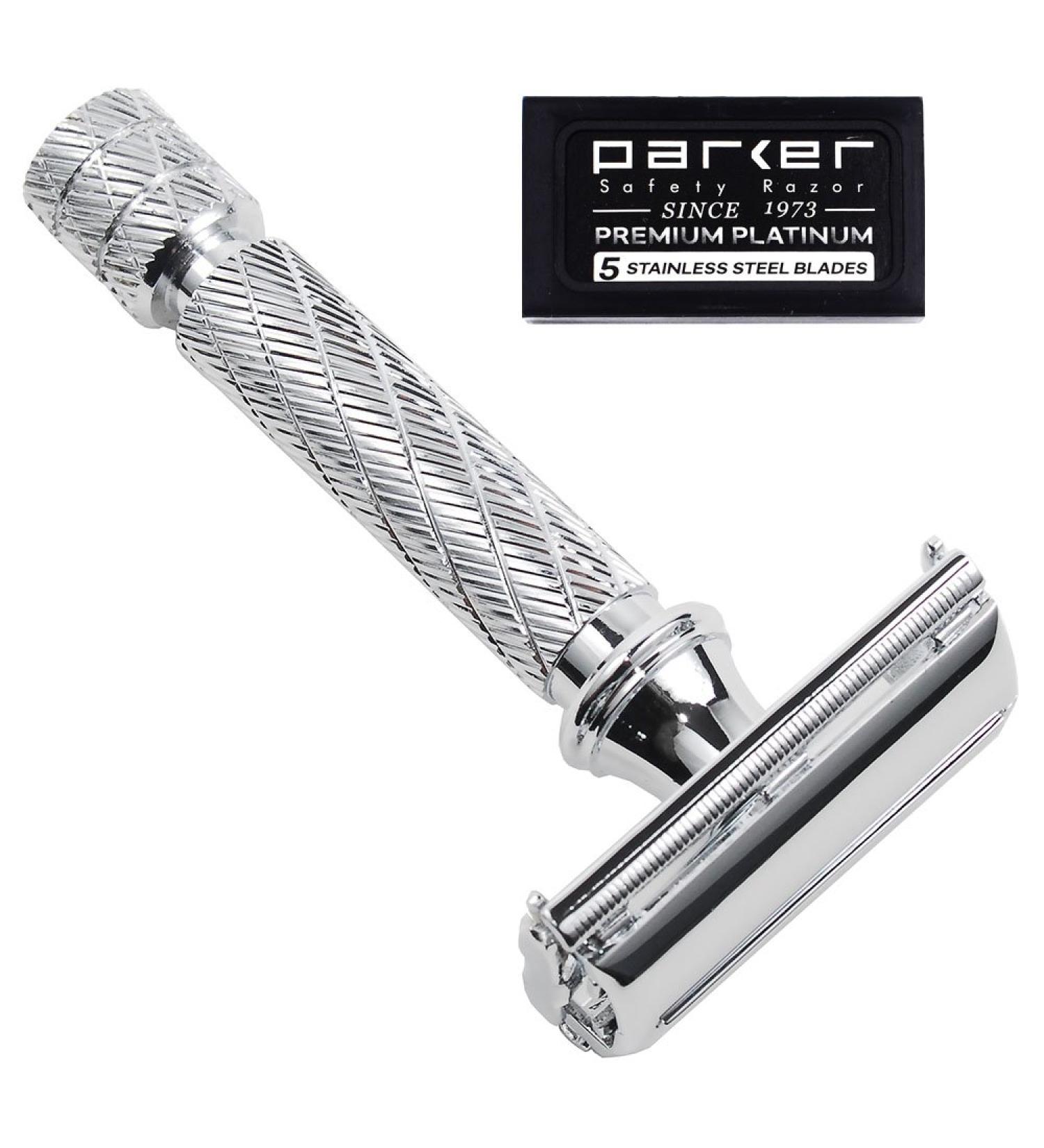 Parker Safety Razor 87R - Butterfly Open Double Edge Razor with Chrome Finish | Traditional Brief Handle & 5 High-Quality Blades | International Shipping - Buy Online on GoSupps.com