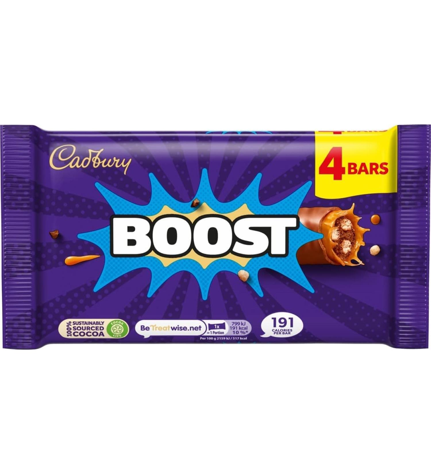  Cadbury Cadbury Boost Original Pack of 4 chocolate bars filled with biscuits and cocoa with chewy caramel and Cadbury milk chocolate 37g - Buy Online on GoSupps.com