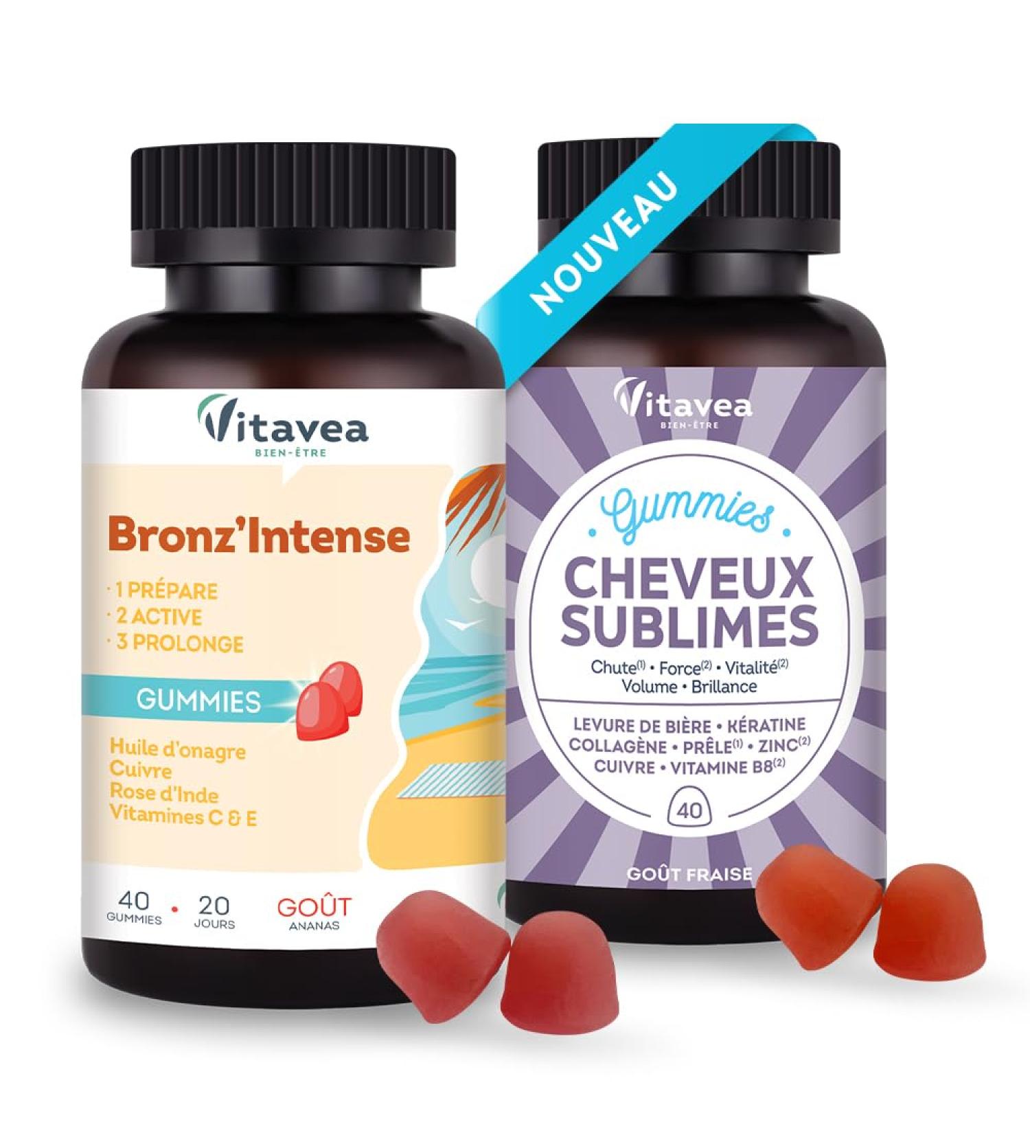 Vitavea - Gummies Solaire Bronz'Intense + Gummies cheveux sublimes - Gummies Pousse cheveux et Bronzage - Double action : Chute de cheveux volume et brillance et Pr pare Active Prolonge le bronzage - Buy Online on GoSupps.com