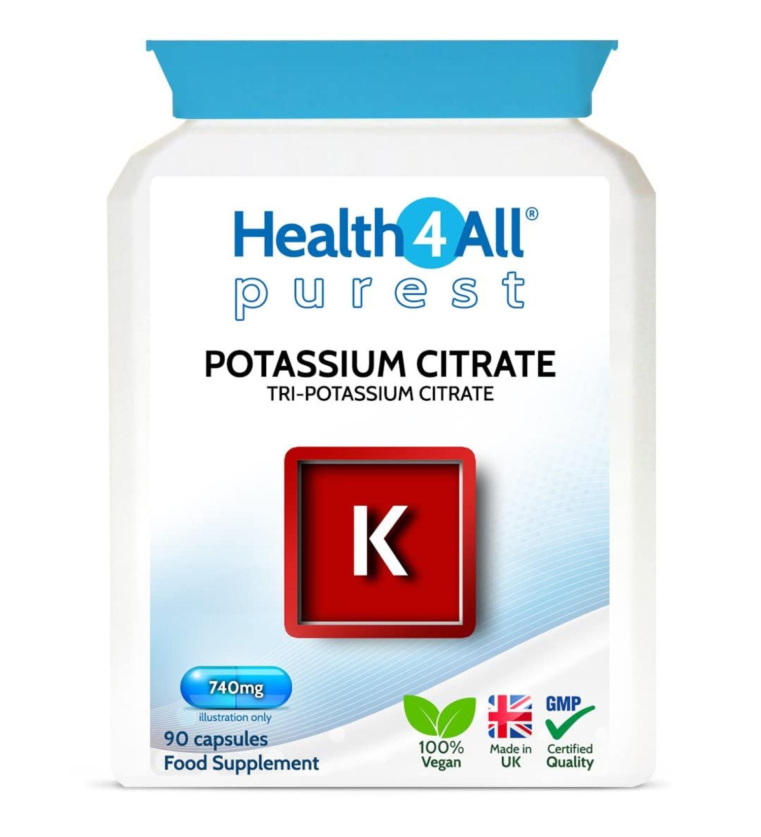 Health4All Potassium Citrate 740mg 90 Capsules (V) High Elemental Potassium. Purest: no additives. Vegan Potassium Supplement 90 Count (Pack of 1) - Buy Online on GoSupps.com