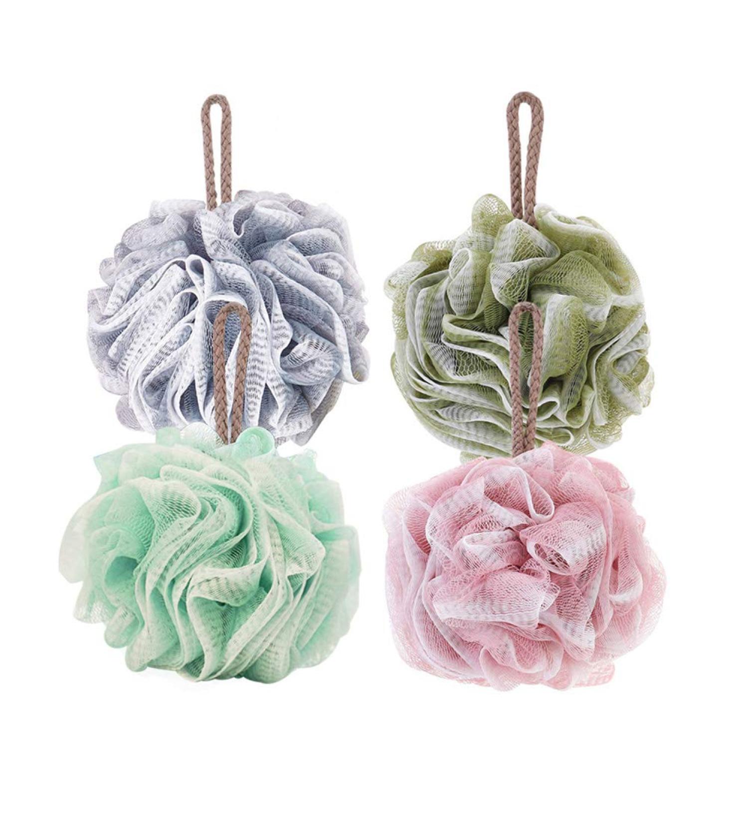 4 Pack Body Scrubber Mesh Pouf Shower Ball Loofah Bath Sponge Set - Exfoliate and Soothe Skin - Gray/Green/Pink - Buy Online on GoSupps.com