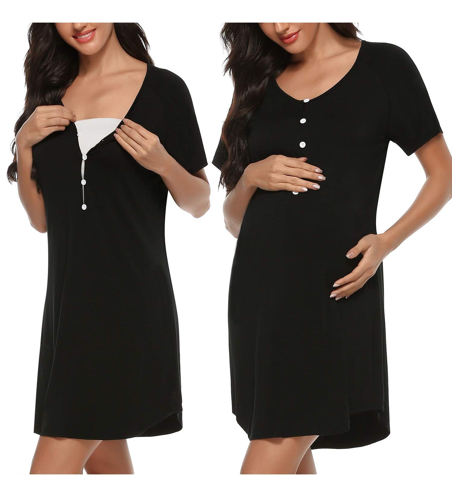 Sykooria Women's Maternity Nightdress | Breastfeeding Nightwear | Short Sleeve Nursing Nightgown | V Neck Pajama Tops | Soft Loungewear for Pregnant Women | Black, Size L - Buy Online on GoSupps.com