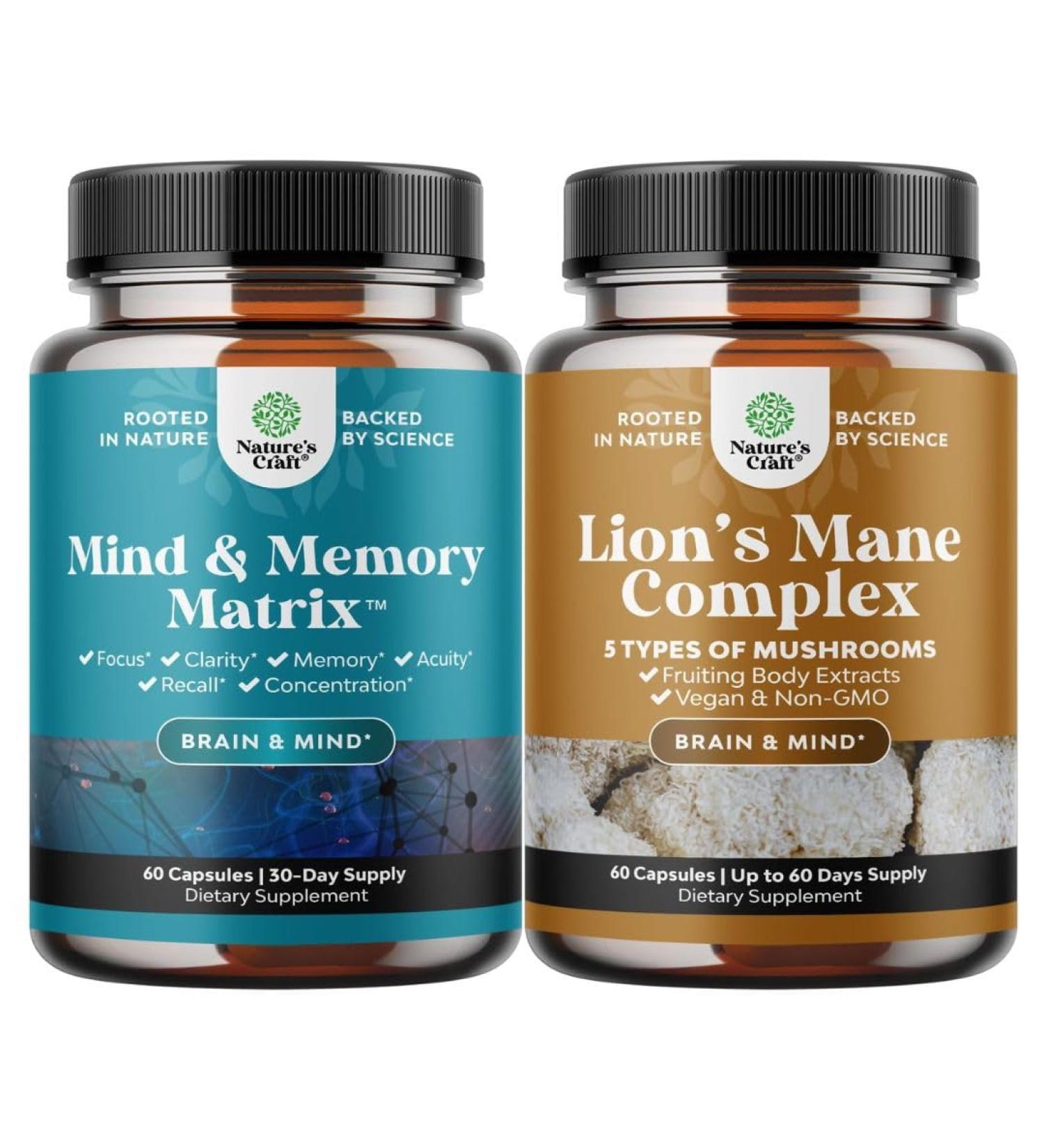 Bundle of Nootropic Brain Supplement for Mental Health & Clarity with VIT A B6 Riboflavin Niacin Thiamin Folate and Advanced Lion's Mane Mushroom Supplement - Brain Health Memory Support & Focus - Buy Online on GoSupps.com