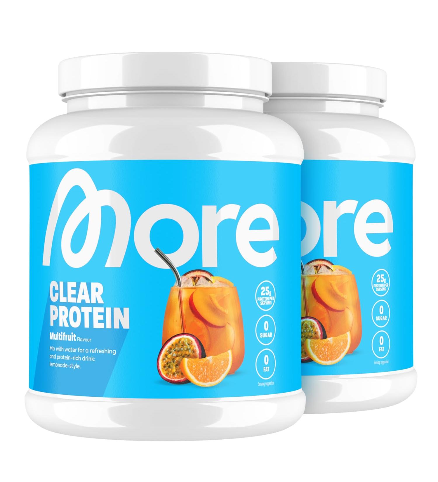 High-Quality More Clear Protein Drink - 2x600g Whey Isolate Multifrucht Flavor Tested in Germany - Shop Now! - Buy Online on GoSupps.com