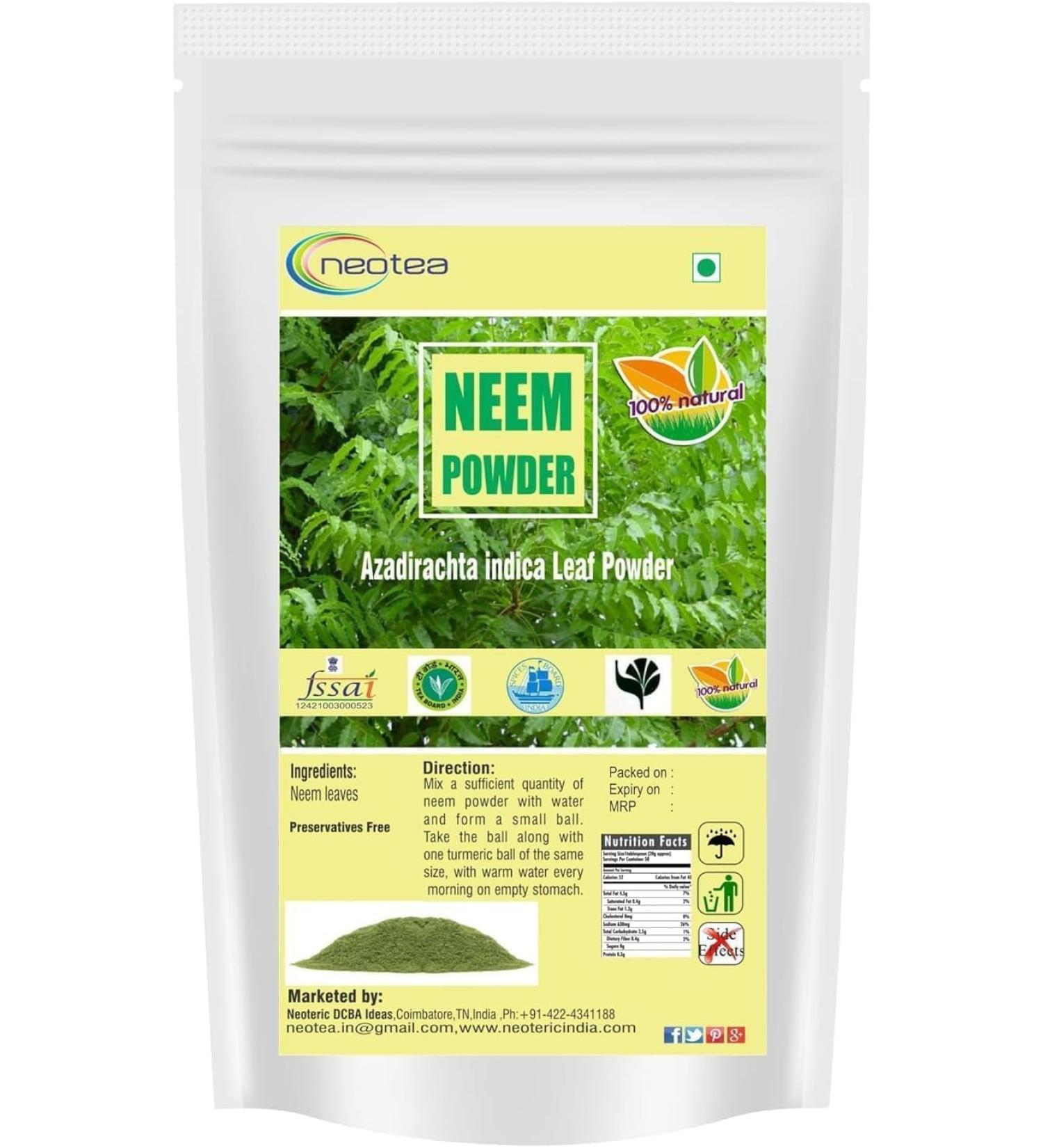 neotea Neem Leaves Powder | 100% Pure Azadirachta Indica Leaf Powder | Natural Herbal Powder for Skin & Hair | Non-GMO | No Preservatives or Additives | Chemical-Free & Vegan (100 GM(3.52 OZ)) - Buy Online on GoSupps.com