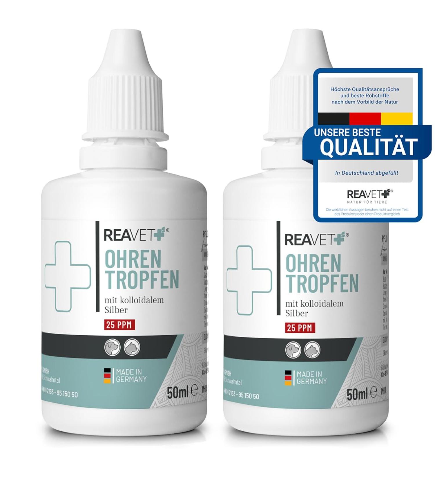 Reavet Ear Drops with Colloidal Silver for Dogs & Cats | 2 x 50ml | Effective Relief for Ear Infections Itching Germs Fungi & Bacteria | Ear Care & Hygiene - Buy Online on GoSupps.com