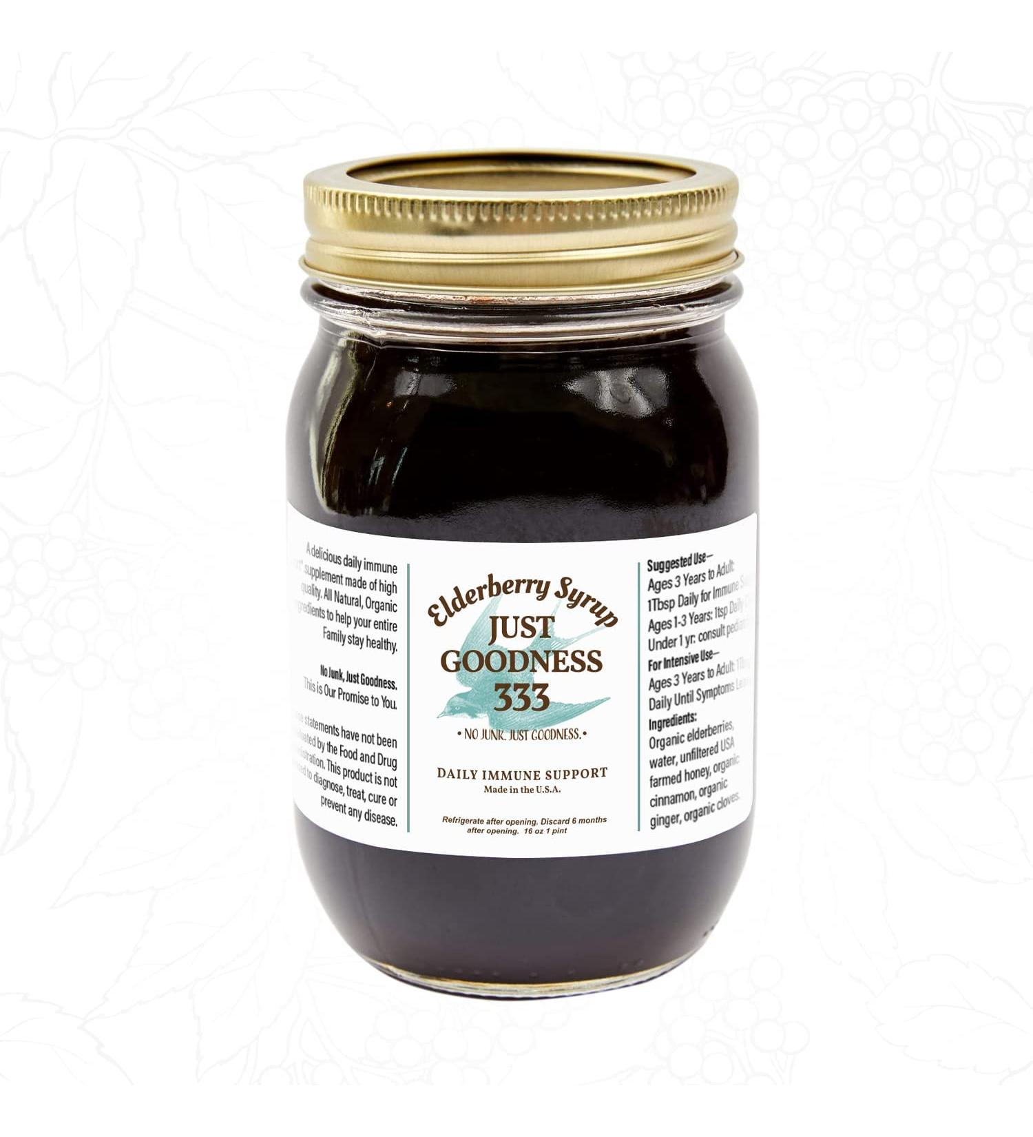 Just Goodness 333 Organic Elderberry Syrup (16 Fl Ounces) Immune Support for Adults & Kids | All-Natural Antioxidant-Rich Sambucus Elderberry Supplement - Buy Online on GoSupps.com