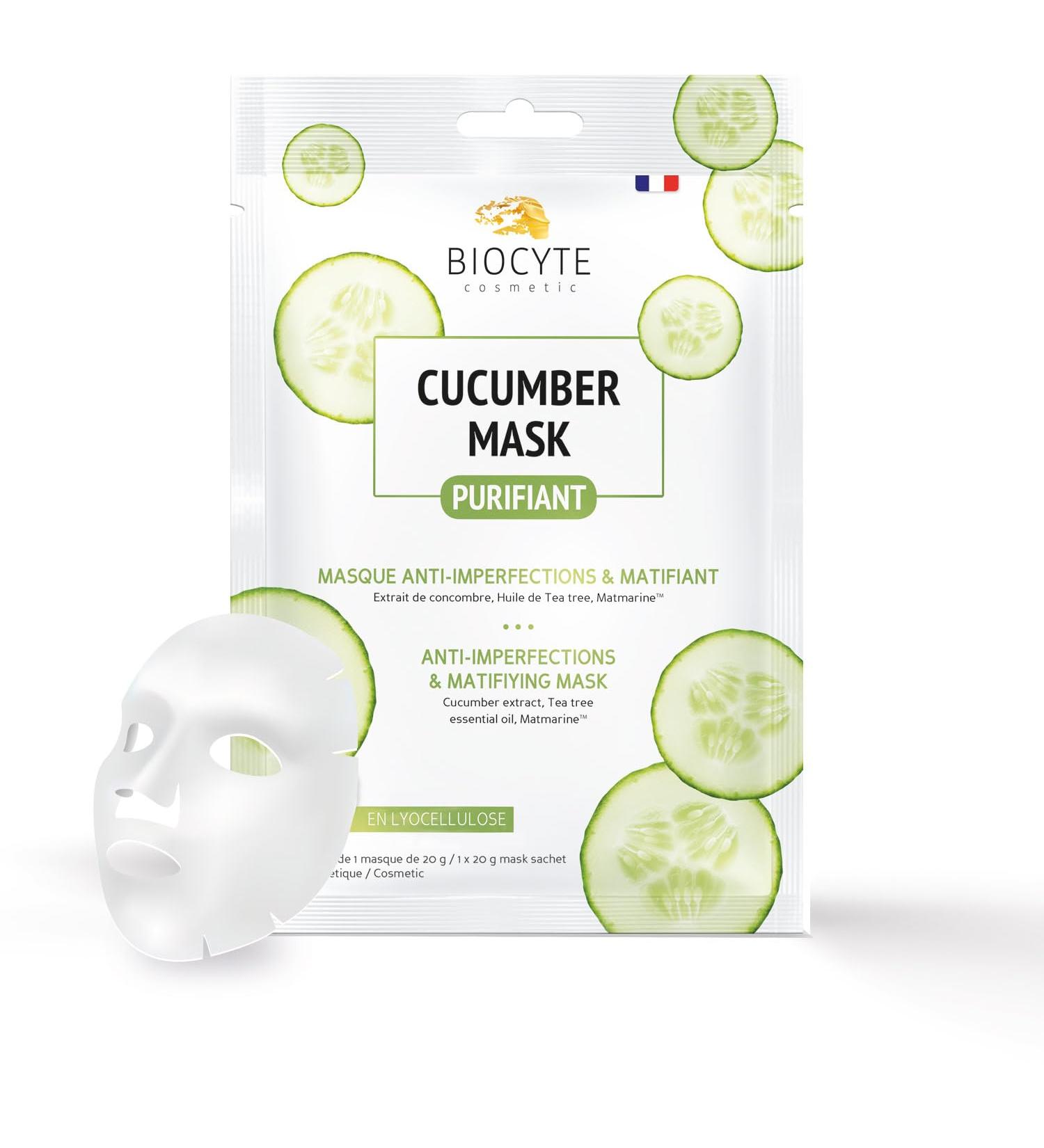 BIOCYTE Cucumber Mask - Purifying Face Mask - Anti-Imperfections Face Care - Based on Cucumber Tea Tree Matmarine Lyocellulose - Sachet of 1 Mask of 20 g - Buy Online on GoSupps.com