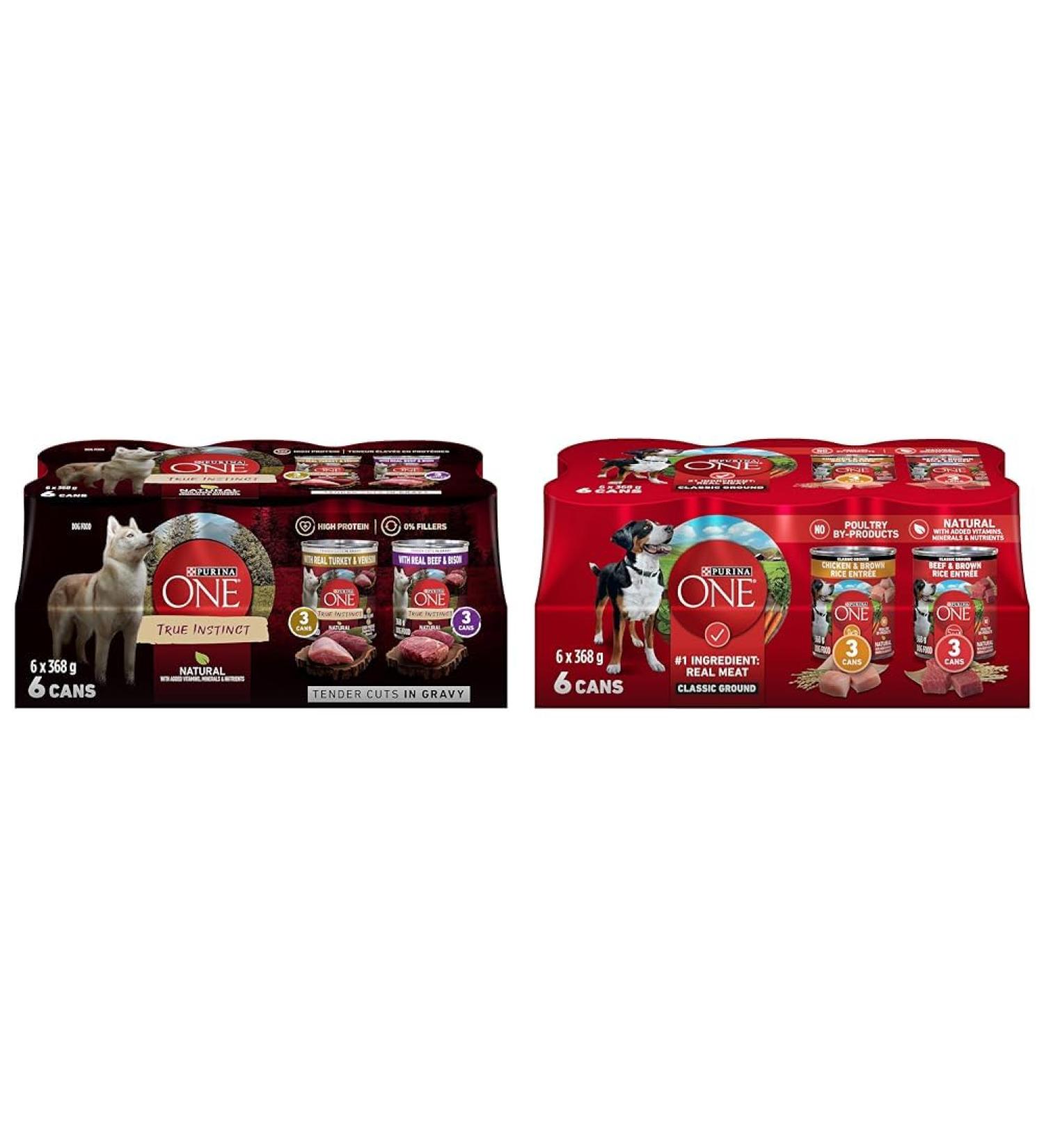 Purina ONE Tender Cuts True Instinct Wet Dog Food in Gravy Variety Pack 2 Flavours - 368 g Can (6 Pack) & Classic Ground Wet Dog Food Variety Pack 2 Flavours - 368 g Can (6 Pack) Pet Food+ Dog Food 368 g Can - Buy Online on GoSupps.com