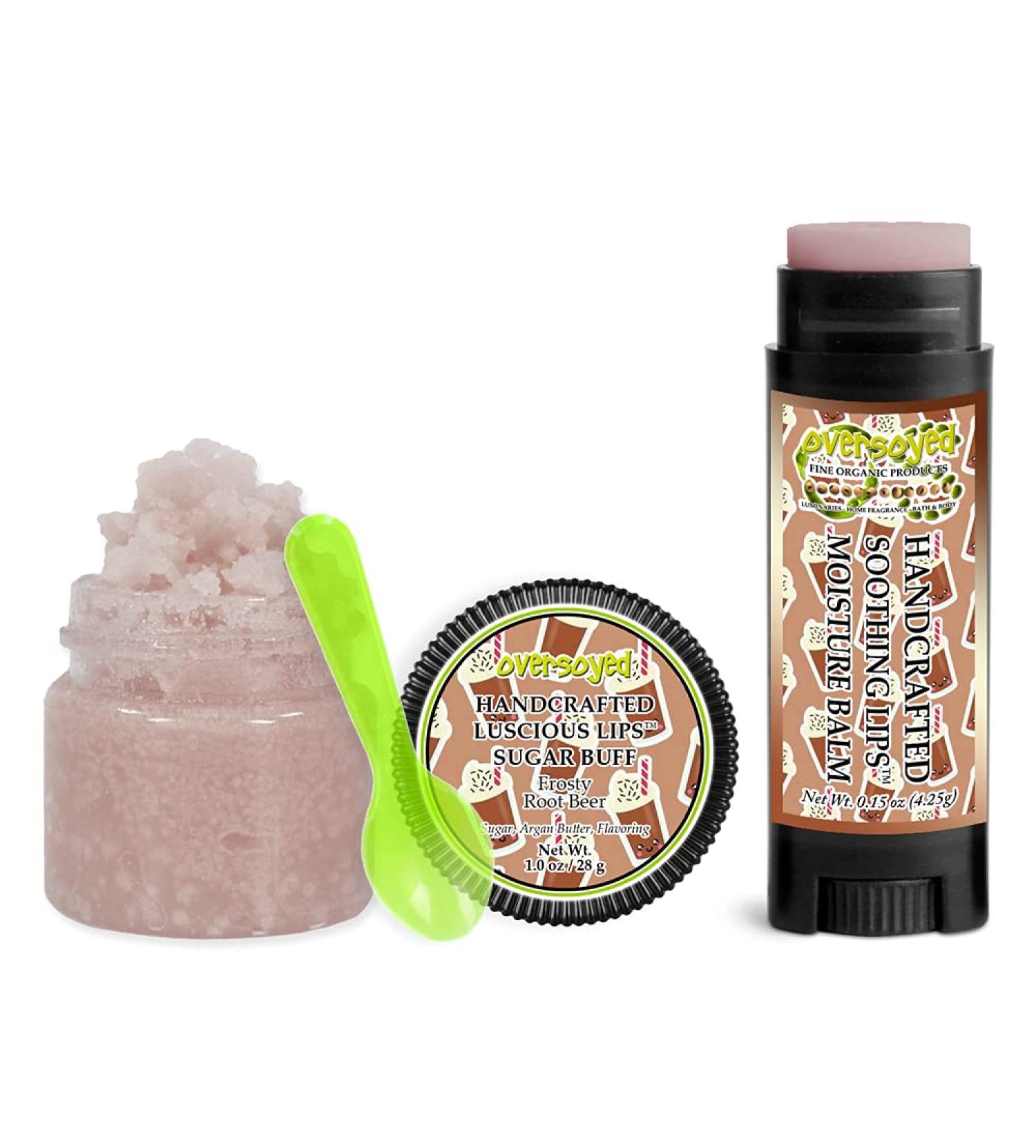 Frosty Root Beer Soothing & Luscious Lips by OverSoyed Exfoliator & Chapped Lip Repair Lip Care Combo | Artisan Handcrafted to Order Root Beer Molasses Honey Caramel Sassafras Cream Flavored Exfoliating Sugar Lip Scrub & Li