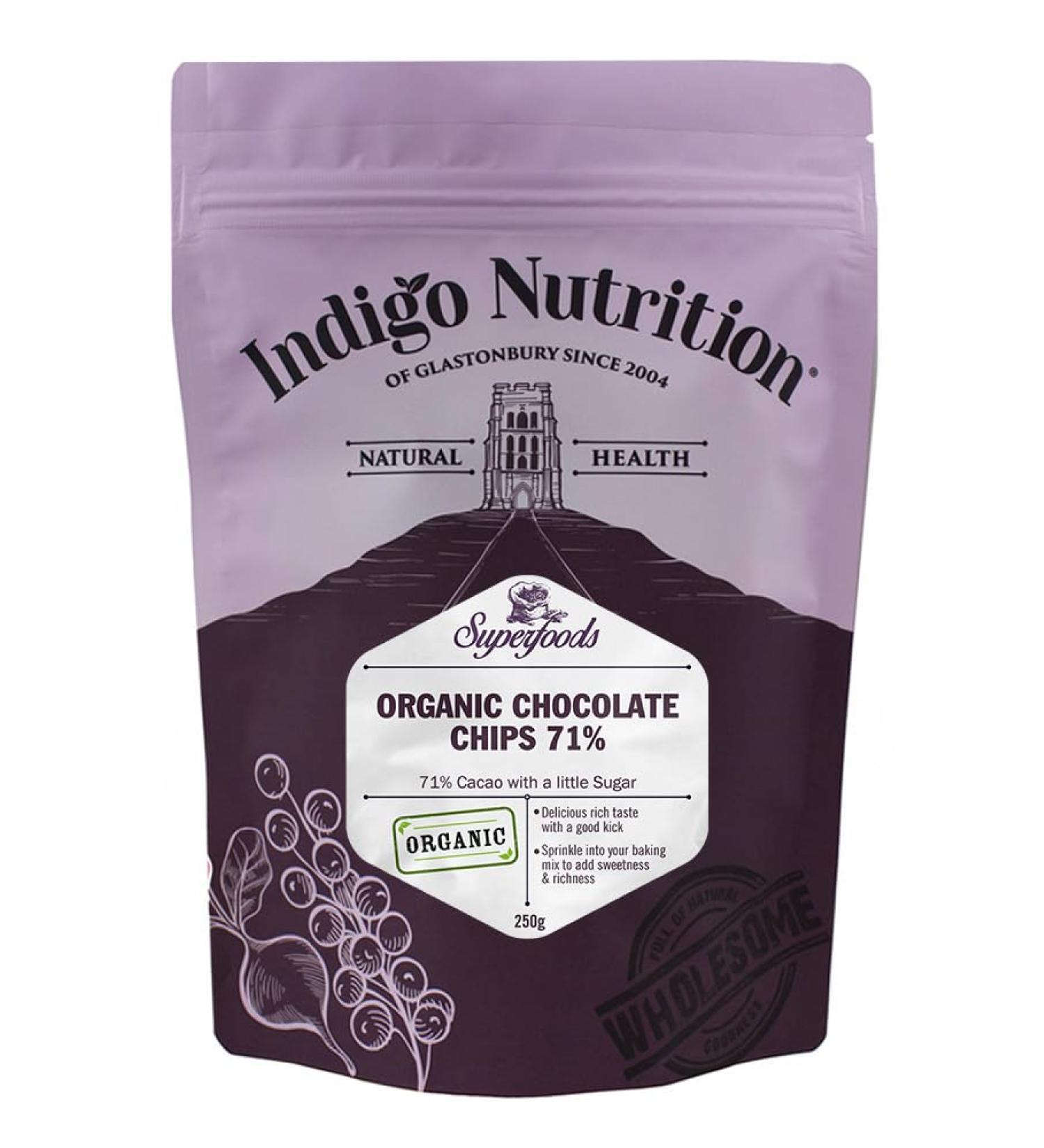 Indigo Herbs Organic Chocolate Chips 250g | 71% Cacao | Vegan | Dairy Free - Buy Online on GoSupps.com