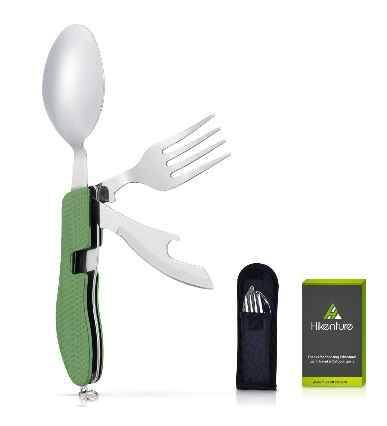 Hikenture Camping Utensils Set - 4-in-1 Stainless Steel Fork Knife Spoon Bottle Opener - Army Green | Travel Eating Cutlery Multitool for Hiking & Scouts - Buy Online on GoSupps.com