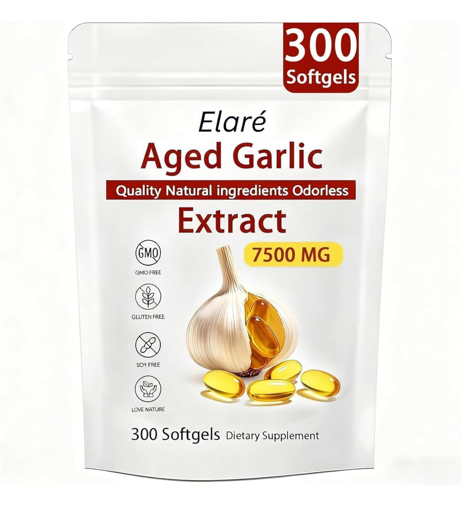 Elare Aged Garlic Extract 7500mg Odorless Organic Garlic Softgels - 300 Softgels Heart & Immune Support Supplement 2-Year Matured Antioxidant Formula Vegetarian Non-GMO All-Natural (1) - Buy Online on GoSupps.com