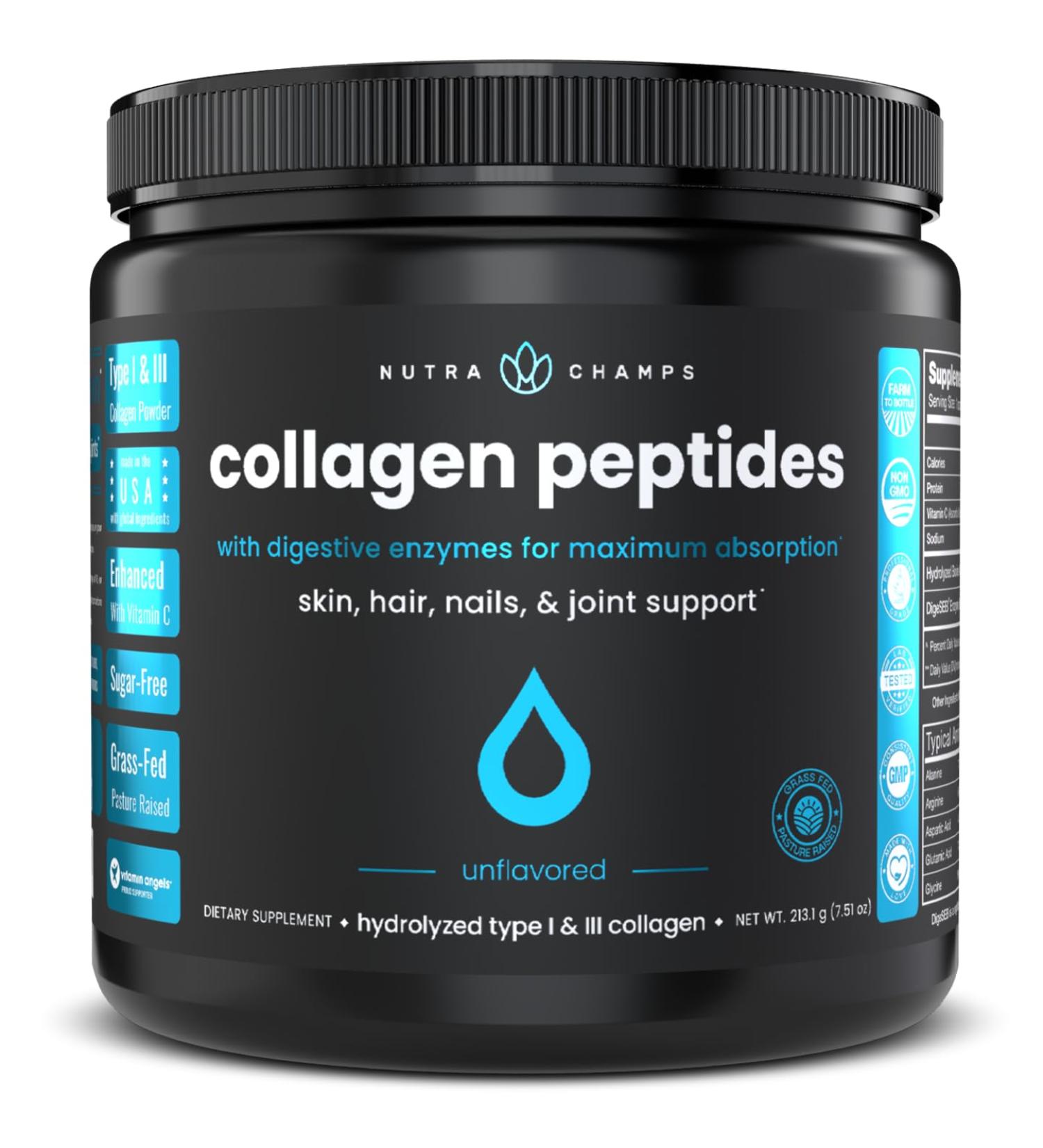 Collagen Peptides Powder - Enhanced Absorption Double Hydrolyzed Grass Fed Keto Protein Powder with Vitamin C - Premium Supplement for Hair Growth Skin Nails Joints & Bones Unflavored - Buy Online on GoSupps.com