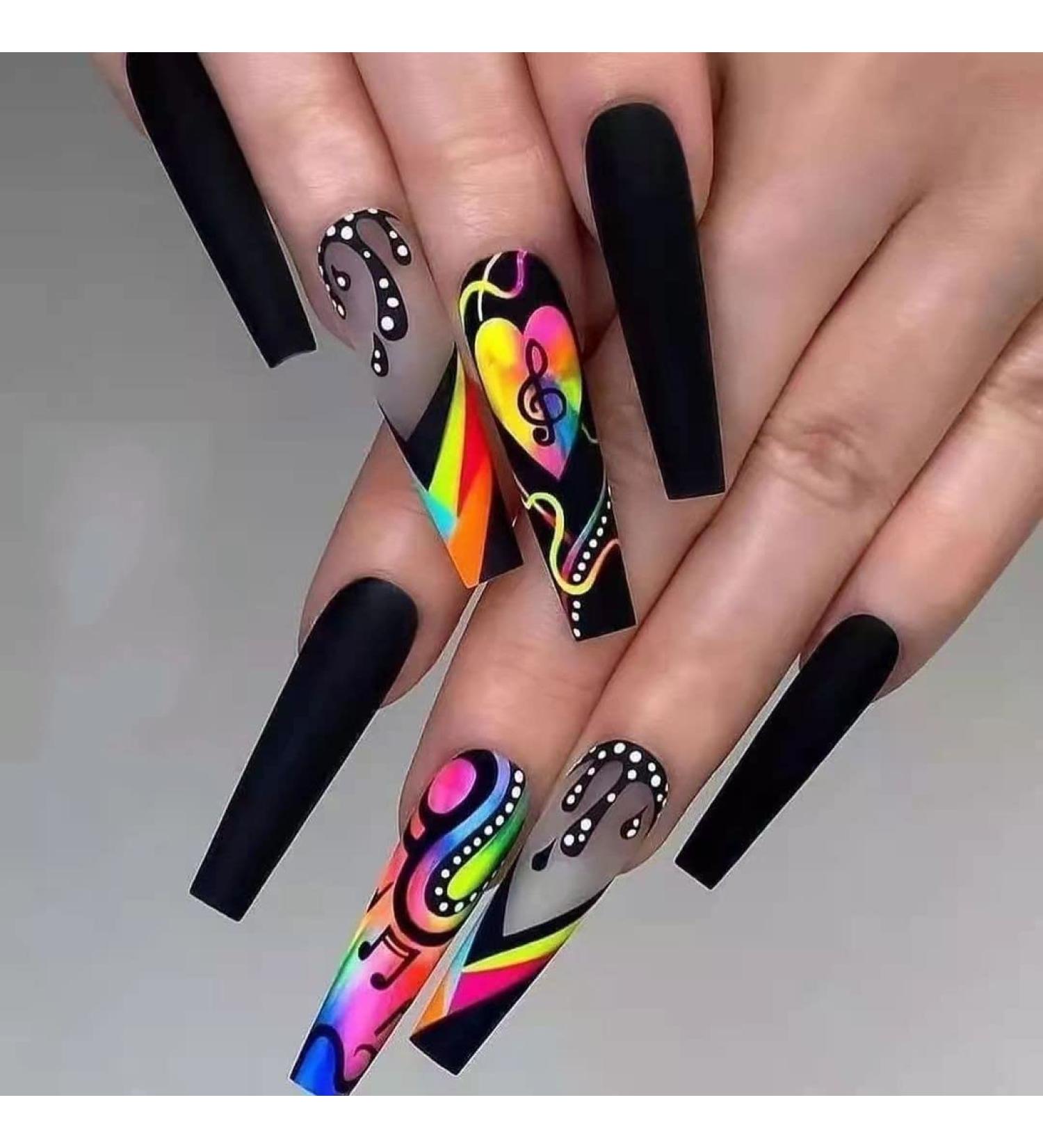 GORS Long Black Press on Nails - Colorful Coffin Fake Nails with Graffiti Note Designs | Full Cover False Nails for Women - Buy Online on GoSupps.com