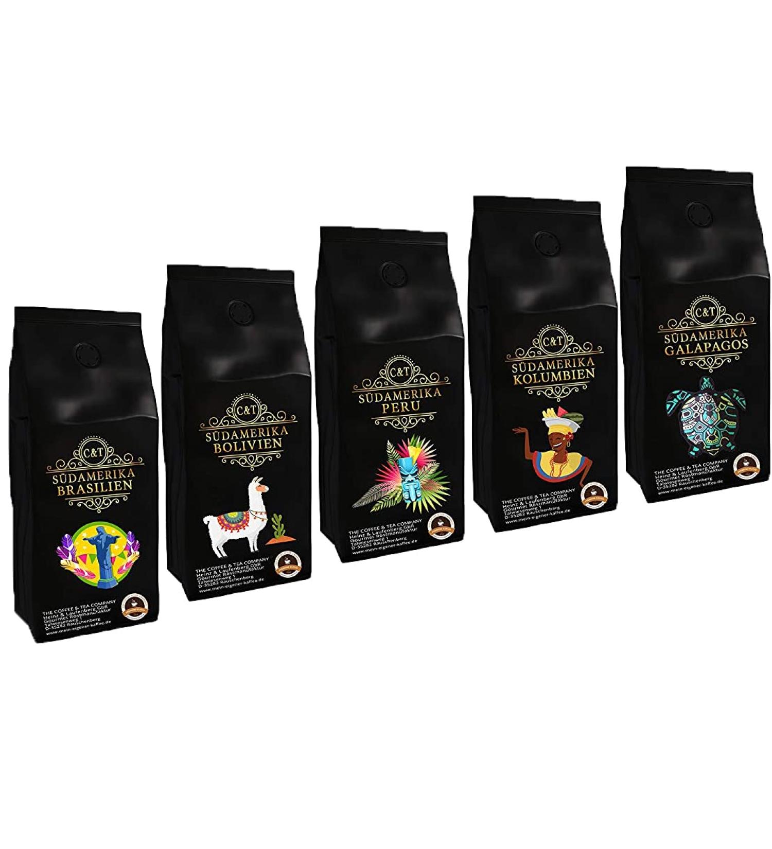 Country coffee trial package "South America" 5 x 500g top coffee from Brazil Bolivia Peru Colombia Galapagos 2500 grams of ground 500 g (5 pack)