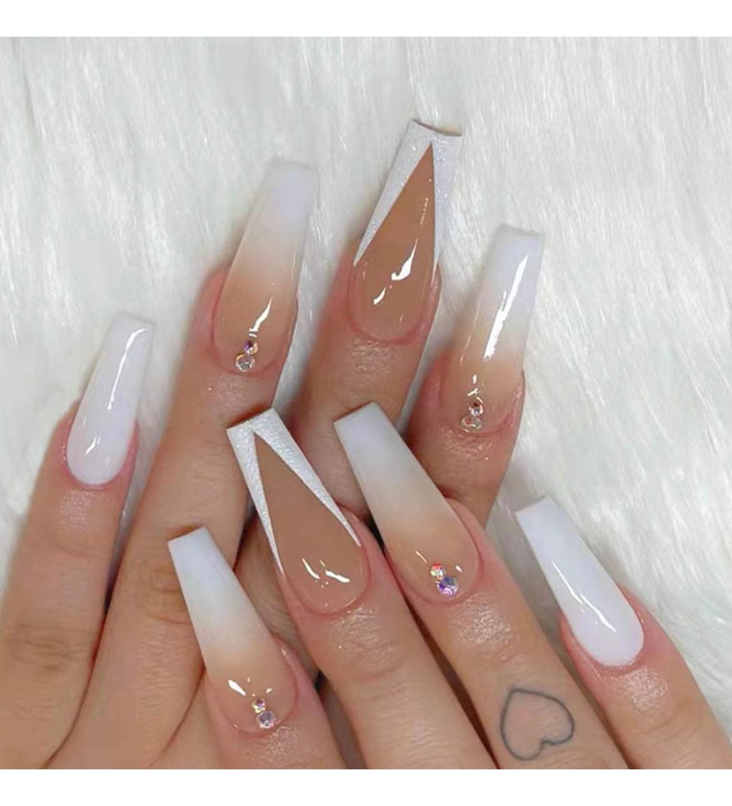 Handcess White Gradient Coffin French False Nails | Shiny Long Press-On Ballerina Acrylic Nails - 24PCS for Women & Girls - Buy Online on GoSupps.com