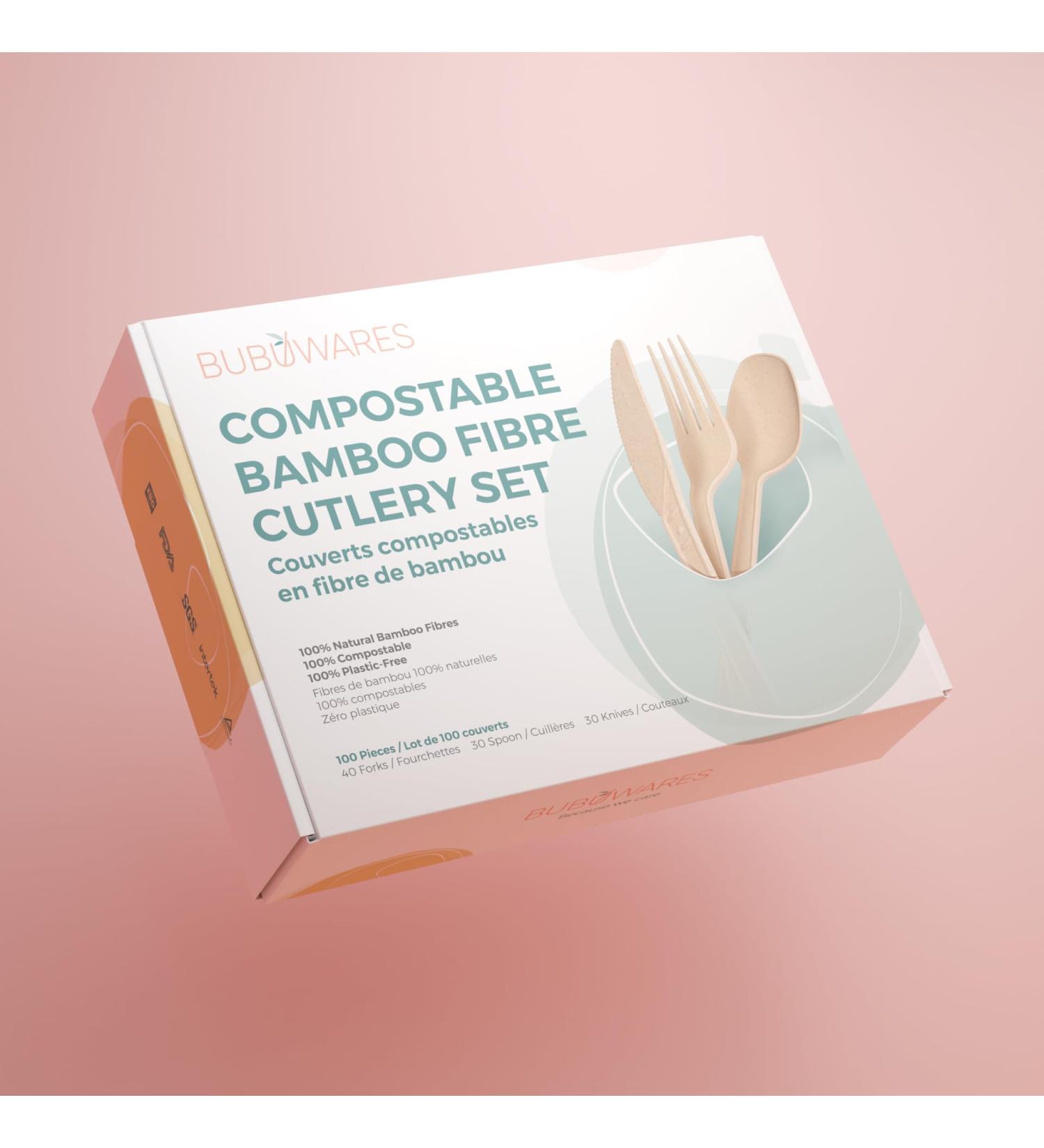 Bubuwares Bamboo Fibre Cutlery Set - Compostable Disposable Sustainable Biodegradable Utensils - 100 Pieces - 100percentagePlastic-Free Single-use Perfect for Picnics Camping Parties - Buy Online on GoSupps.com