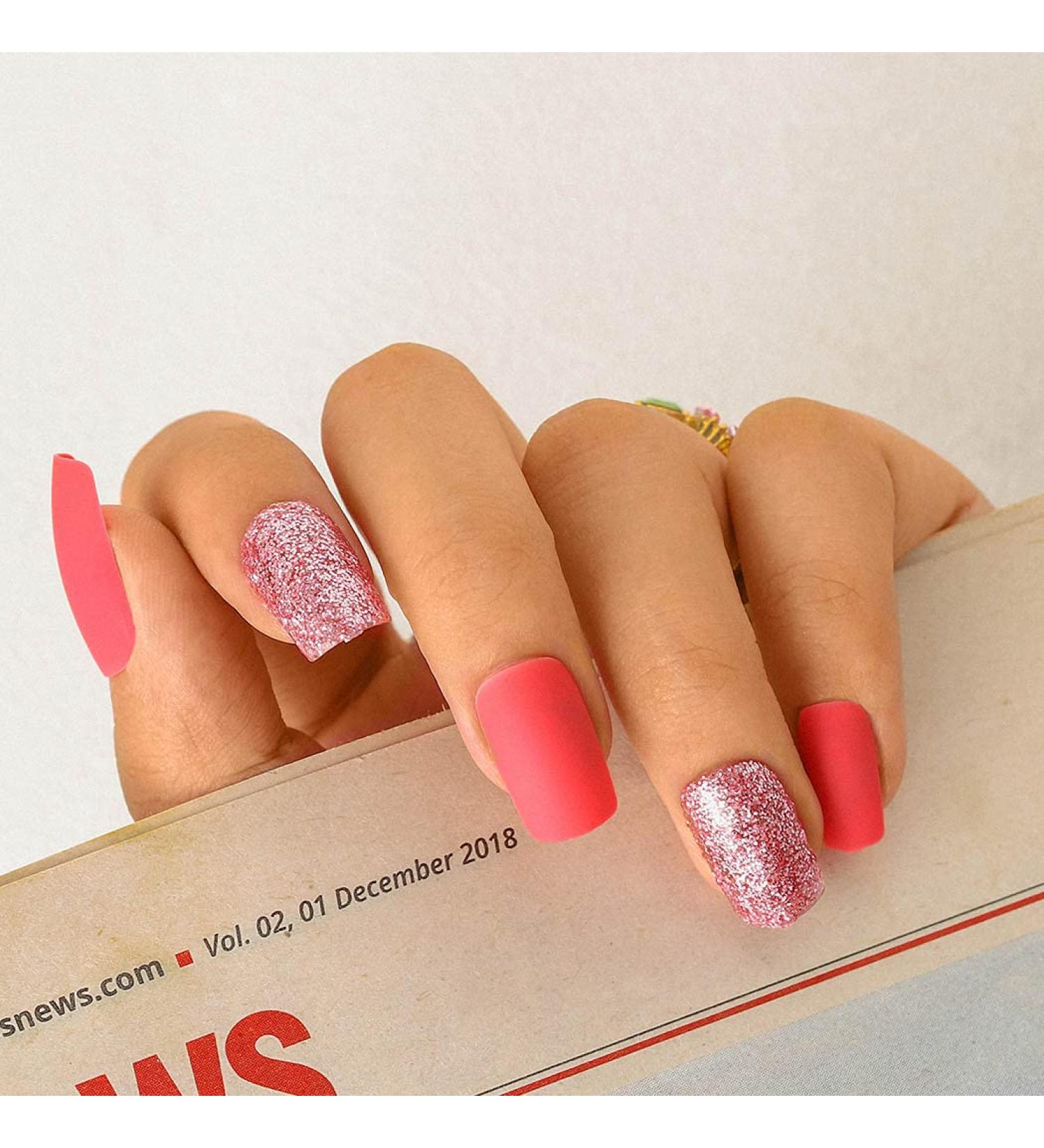 Sethexy Pink Square Fake Nails | Matte Acrylic Press-On Nail Tips for Women & Girls - 24pcs - Buy Online on GoSupps.com