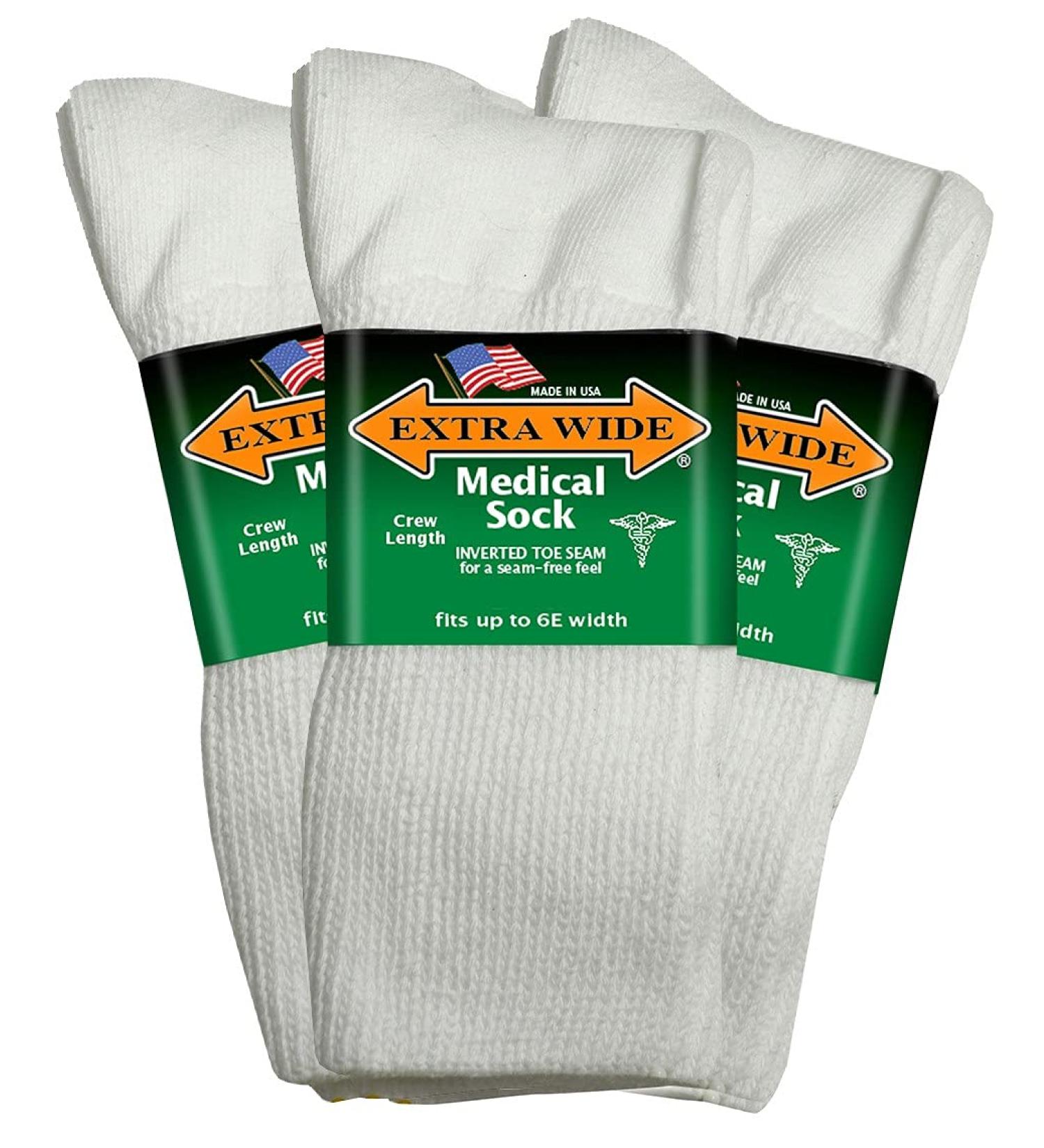 Extra Wide 6E Unisex Medical Mid Calf Crew Socks 3PK | Antimicrobial | Made in USA | White - Buy Online on GoSupps.com