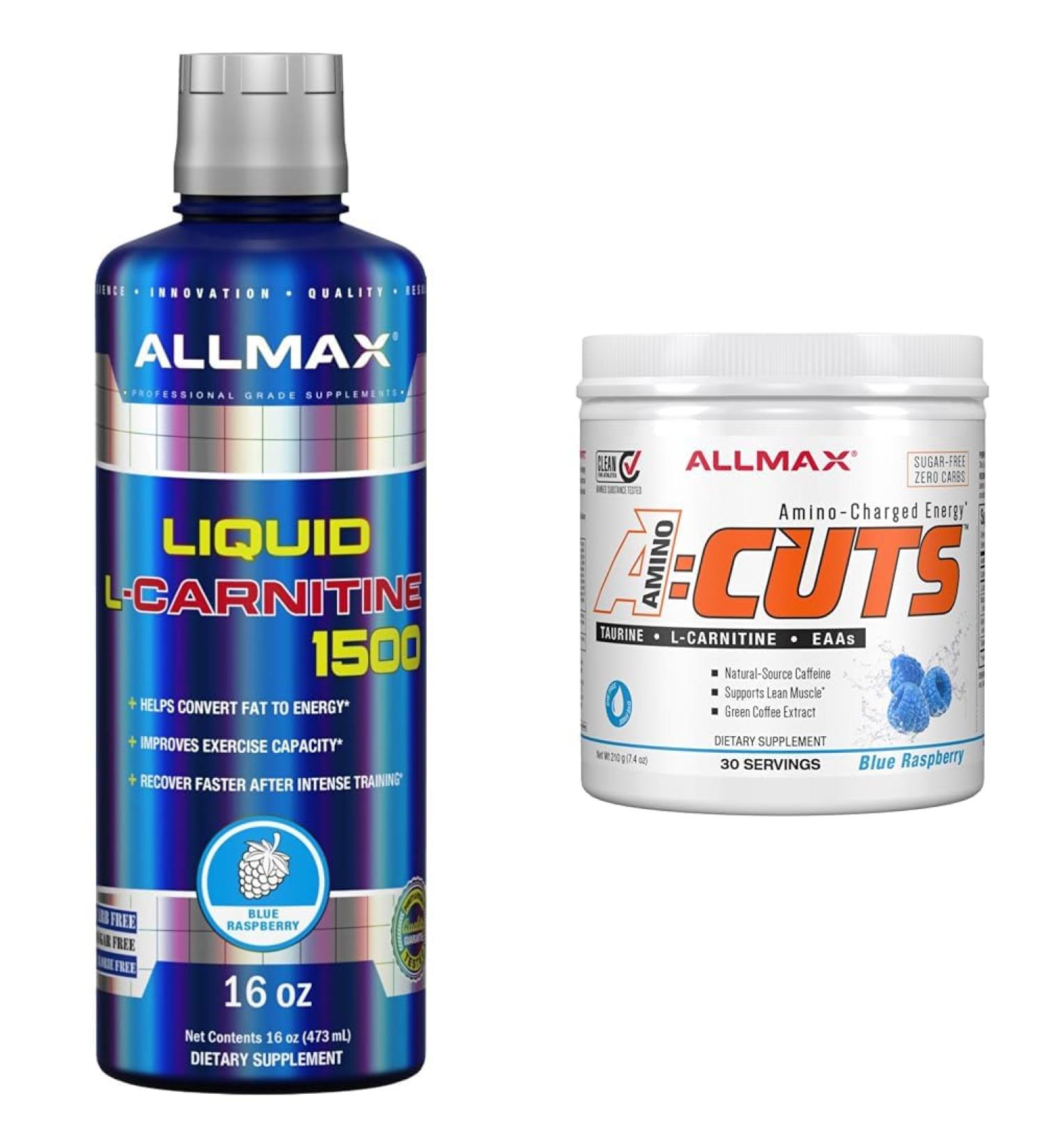 ALLMAX Nutrition - L-Carnitine Liquid + Vitamin B5 - Blue Raspberry - 473 ml & ACUTS - Amino Acid Powder Supplement with Taurine L-Carnitine Green Coffee Bean Extract - Blue Raspberry - 252 g - Buy Online on GoSupps.com