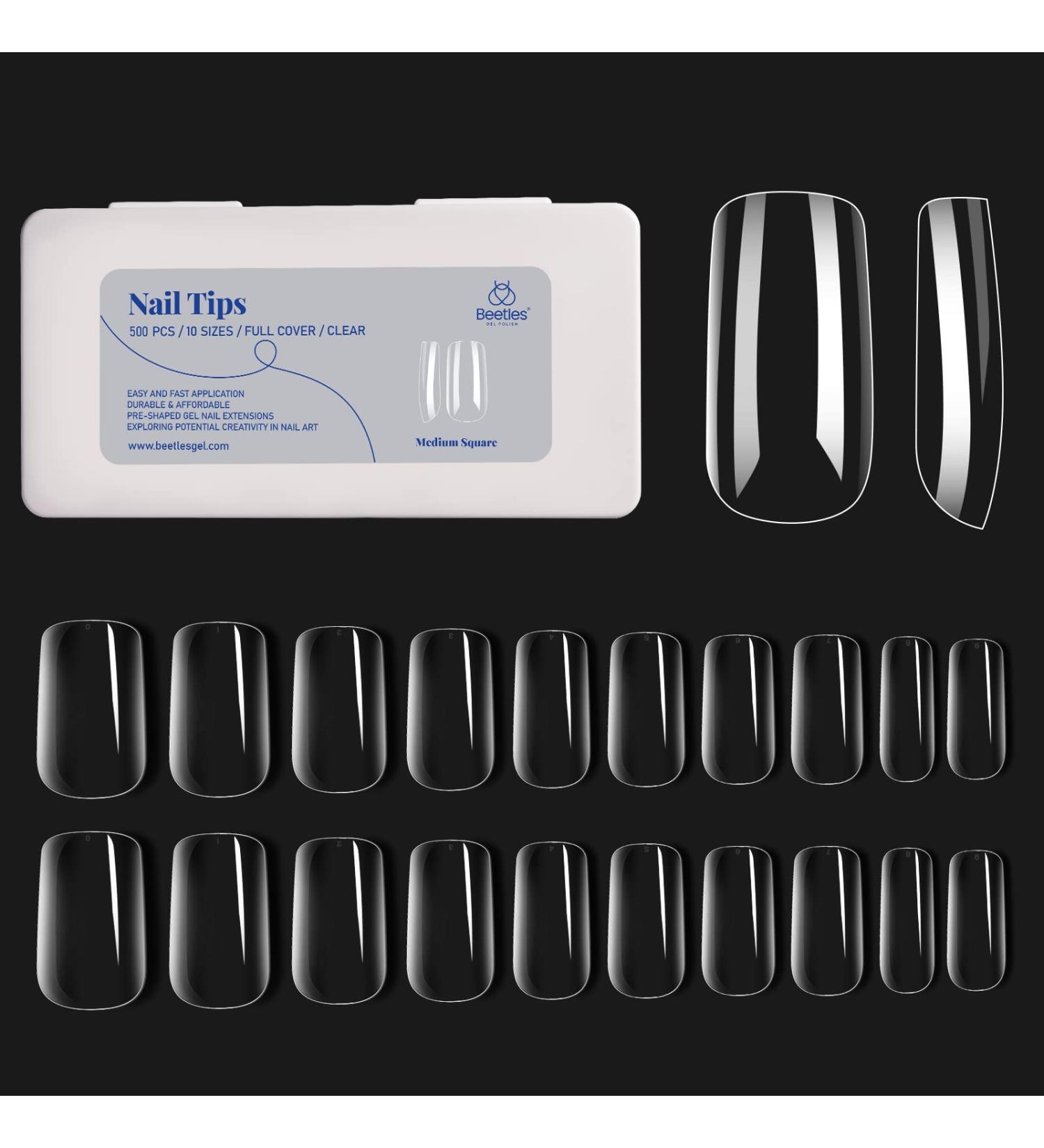 Beetles Medium Square False Nails Tips 500Pcs Fake Gel Tips Acrylic Press on Nails Clear Artificial False Nails Need Nail Glues for Acrylic Nail/Dip Powder Nails/Poly Nail Extension Gel Nail Art DIY A2-Medium Square