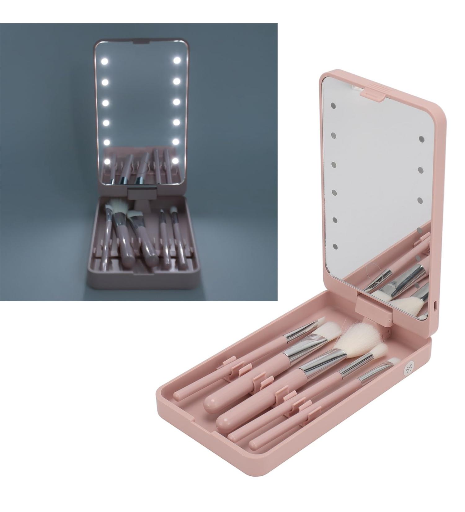 Travel Makeup Brush Set with Case & Mirror | 5pcs LED Illuminated Cosmetic Brushes for Home Use - Global Shipping Available - Buy Online on GoSupps.com