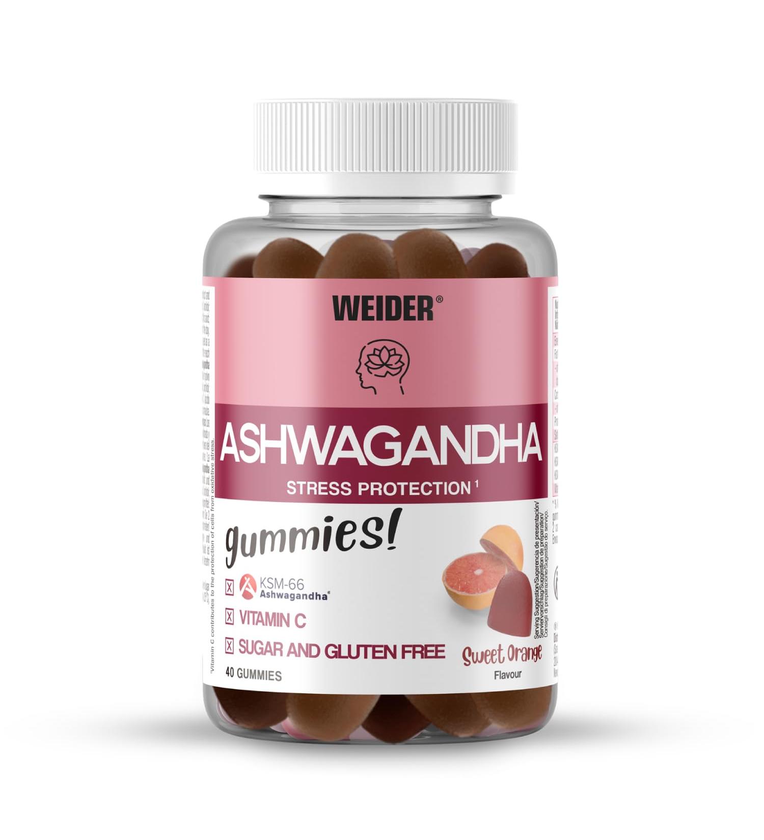 Weider Ashwagandha Gummies (40 Gummies) Sweet Orange, with Ashwaganda Root Extract KSM-66 and Vitamin C, Helps Reduce Stress and Get Sleep, Sugar Free, Gluten Free, 20 Servings