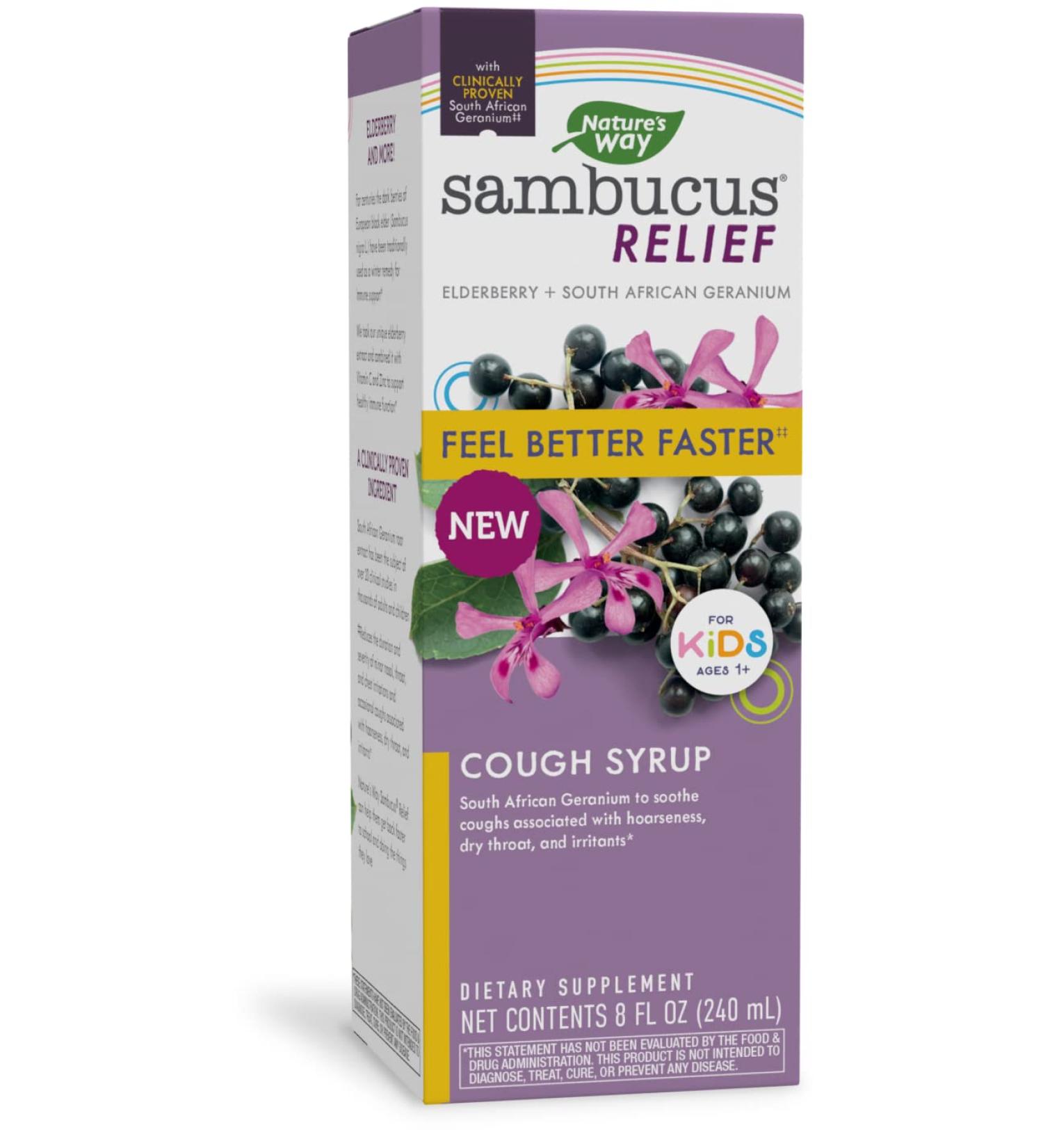 Nature's Way Sambucus Relief Kid's Cough Syrup - African Geranium, Elderberry, Vitamin C & Zinc 8 Oz - Buy Online on GoSupps.com