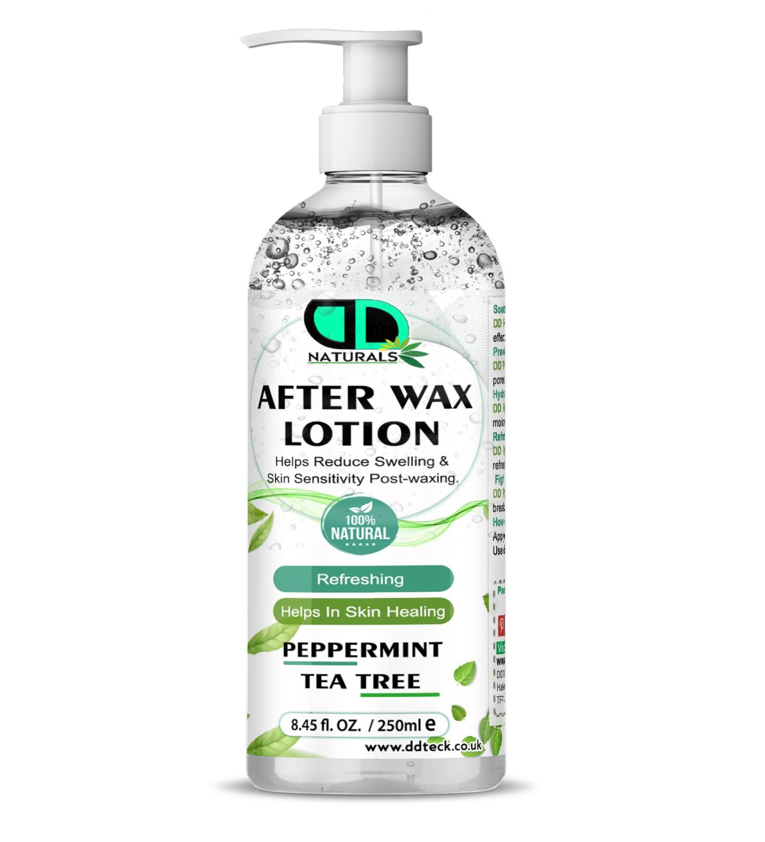 DD teck After-wax lotion with peppermint and tea tree oil Soothes and calms irritation prevents ingrown hairs and bumps fights bacteria and prevents infection for